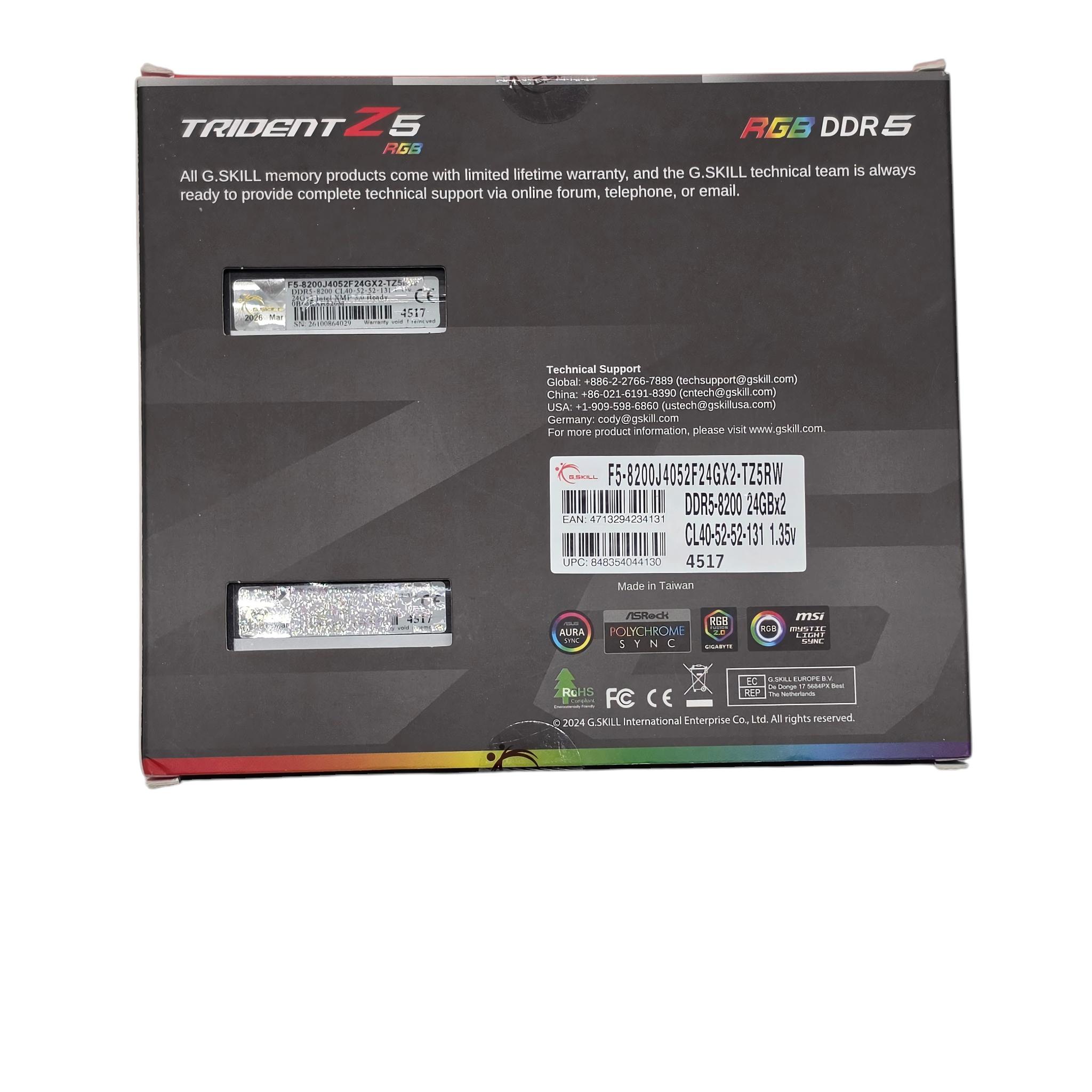 G.SKILL Trident Z5 RGB 48GB (2x24GB) DDR5-8200 CL40 White — Factory Sealed