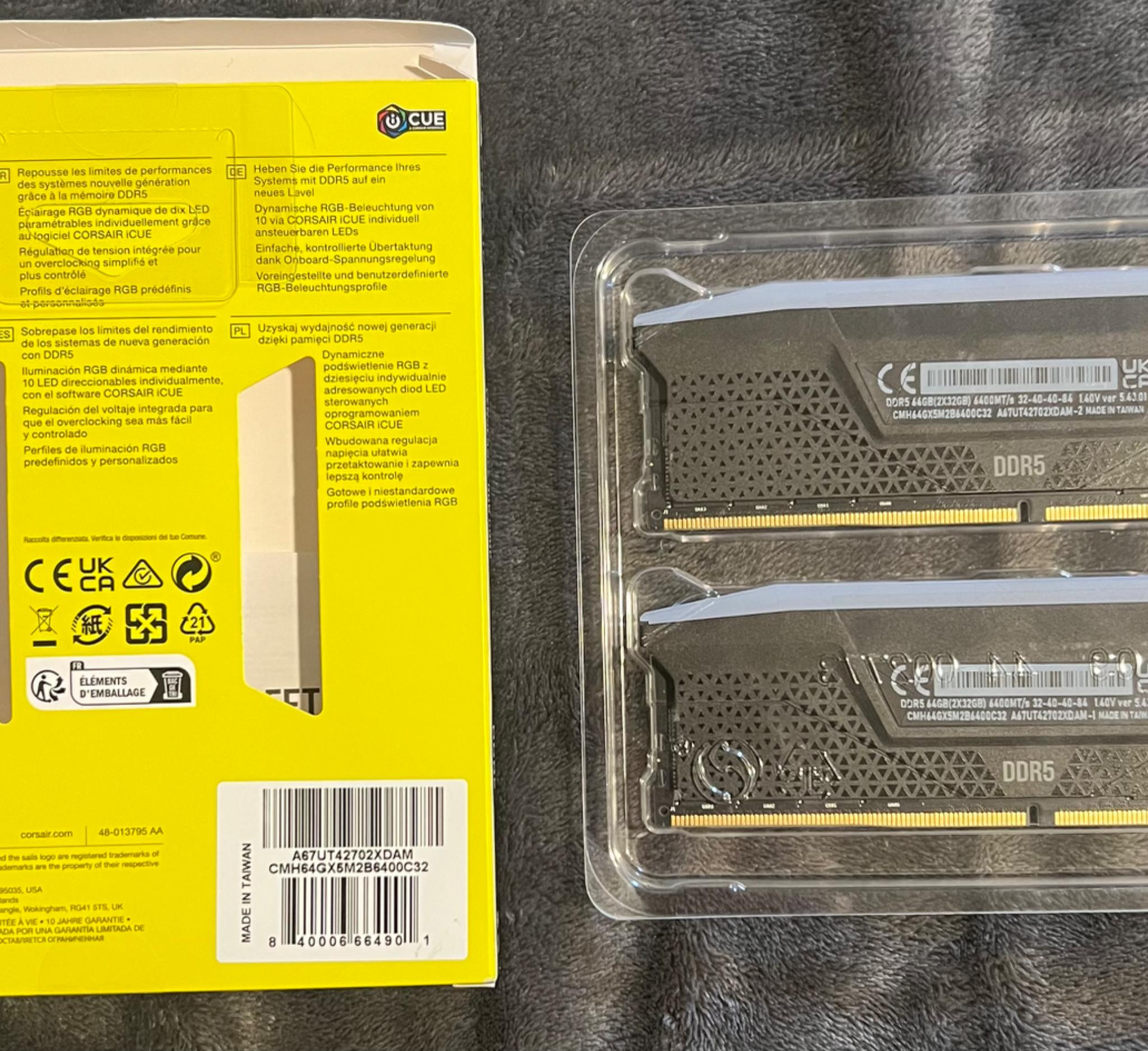 Corsair Vengeance RGB DDR5 64GB (2x32GB) CL32-40-40-84 1.40V 6400MT/s Intel XMP ICUE Compatible