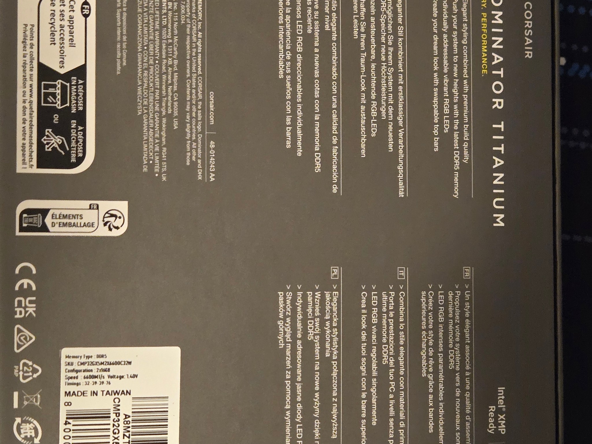 Corsair Dominator Titanium DDR5 32GB (2x16) 6600Mhz 32-39-39-76