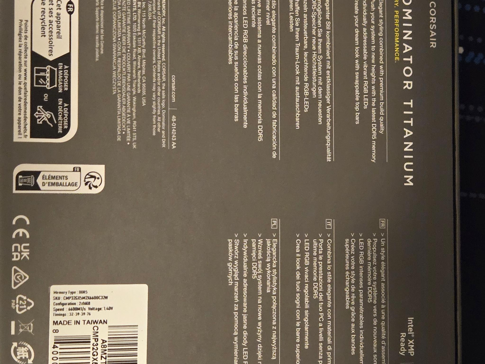 Corsair Dominator Titanium DDR5 32GB (2x16) 6600Mhz 32-39-39-76