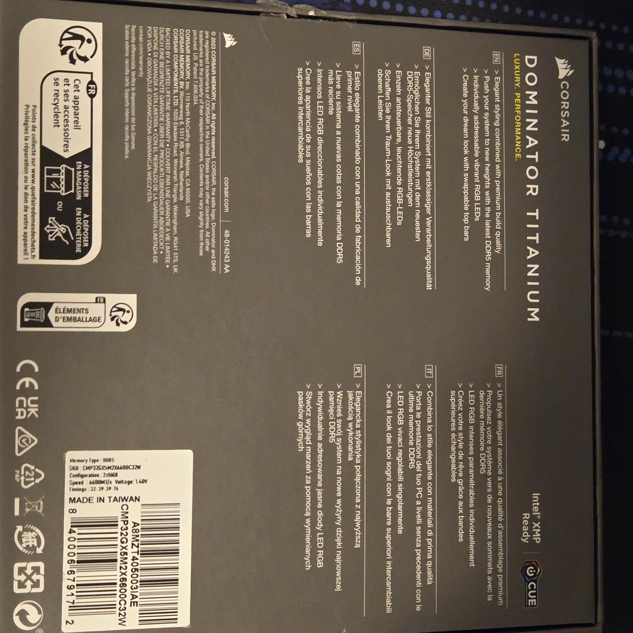 Corsair Dominator Titanium DDR5 32GB (2x16) 6600Mhz 32-39-39-76