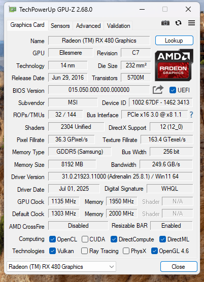 MSI Radeon RX 480 GAMING X 8GB G816841954-06S [FOR PARTS NOT WORKING]