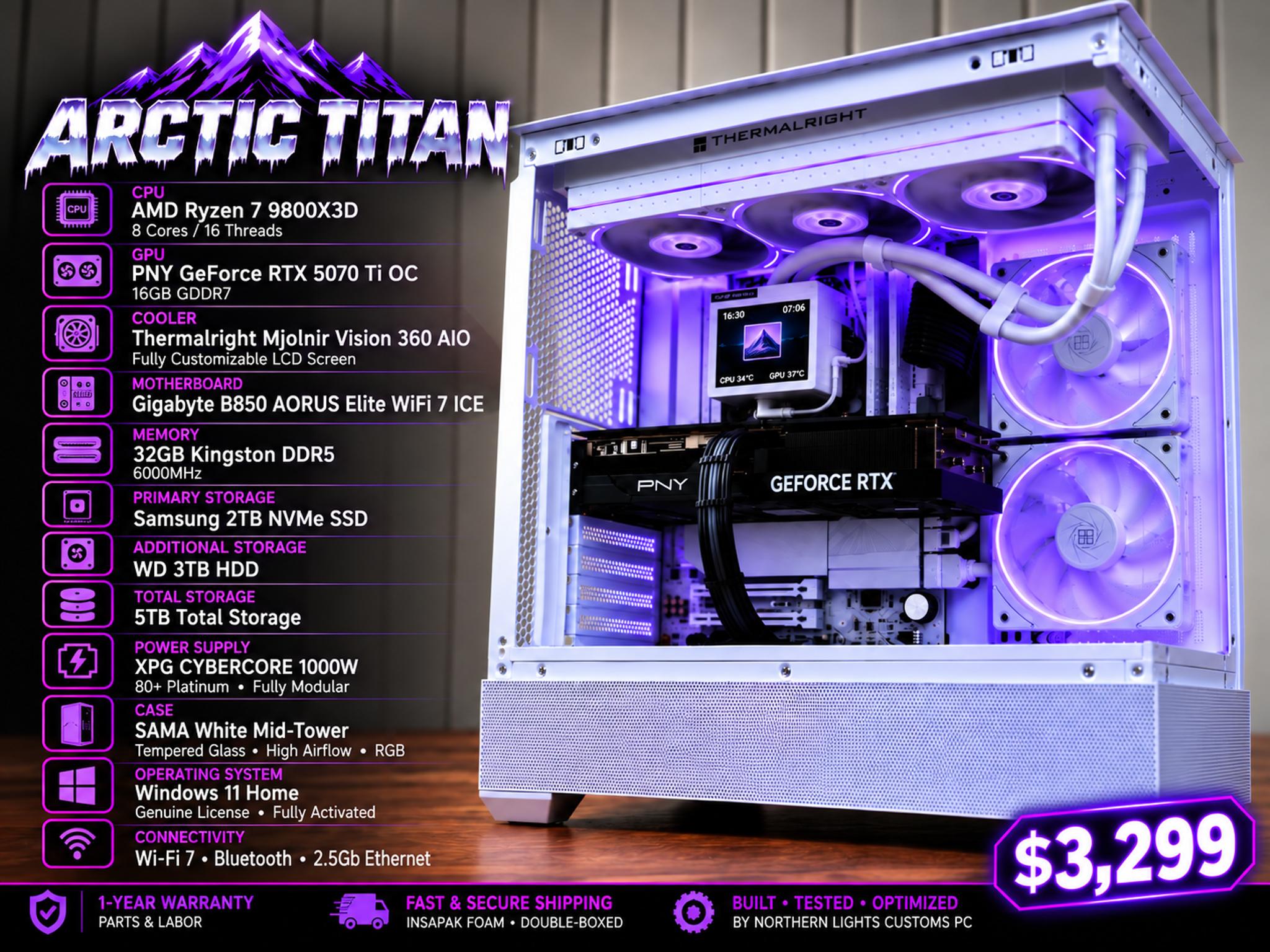 ARCTIC TITAN Ryzen 7 9800X3D • RTX 5070 Ti • 32GB DDR5 • 5TB Storage/1000 w platinum PSU
