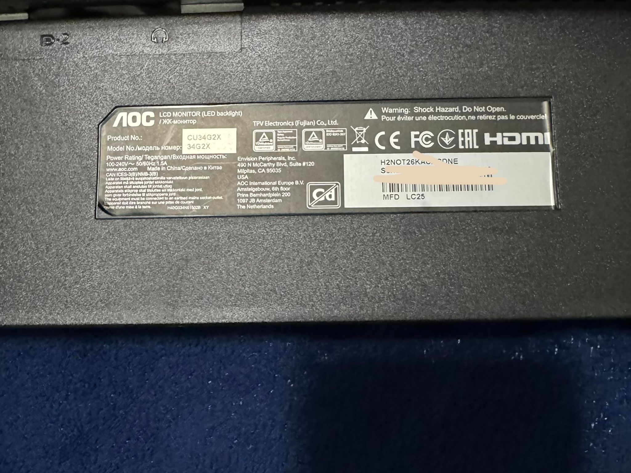 **WORKING** AOC CU34G2X Curved Gaming monitor - No monitor stand