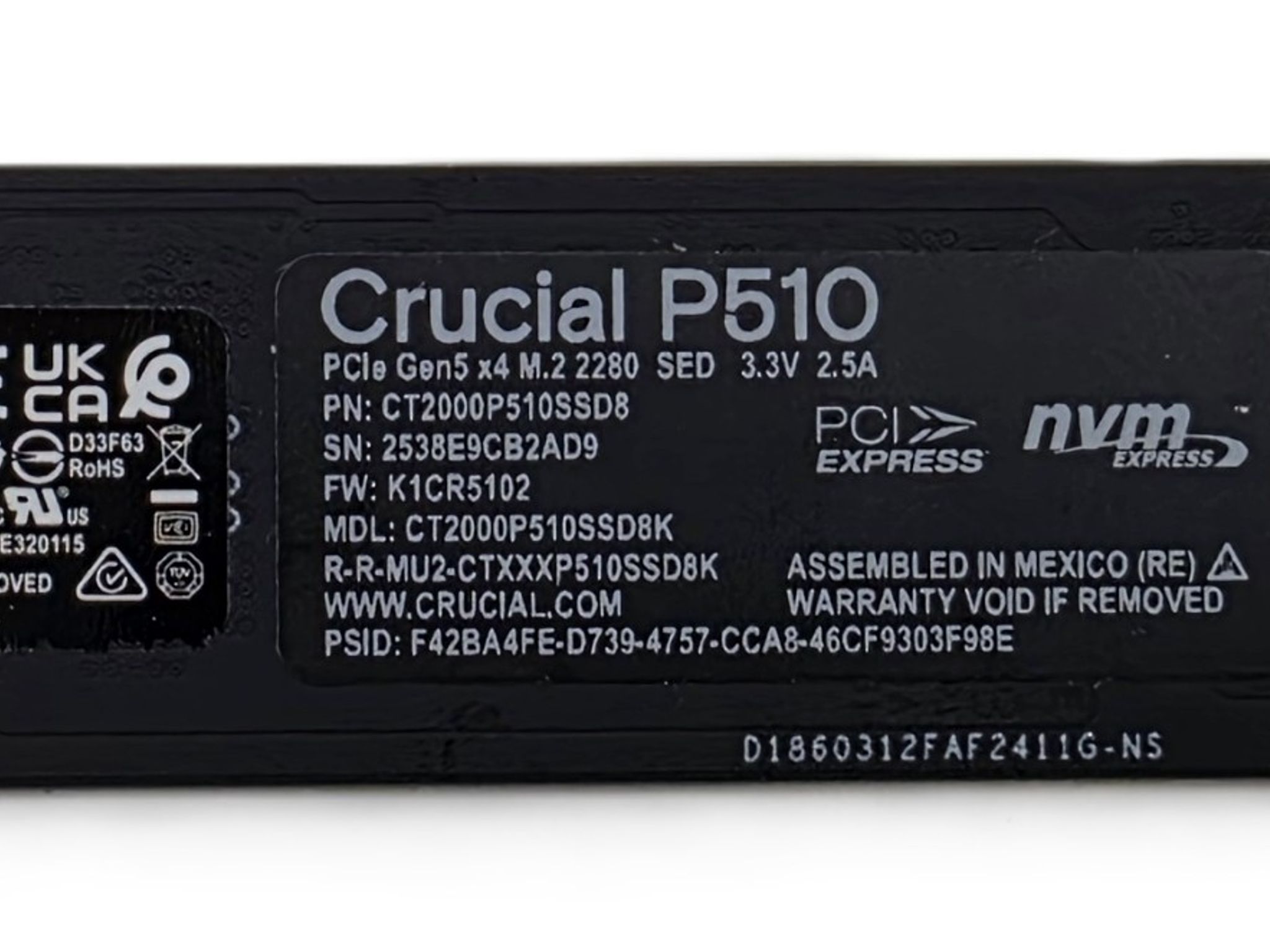 Crucial P510 PCIe Gen5 NVMe 2TB SSD Like New