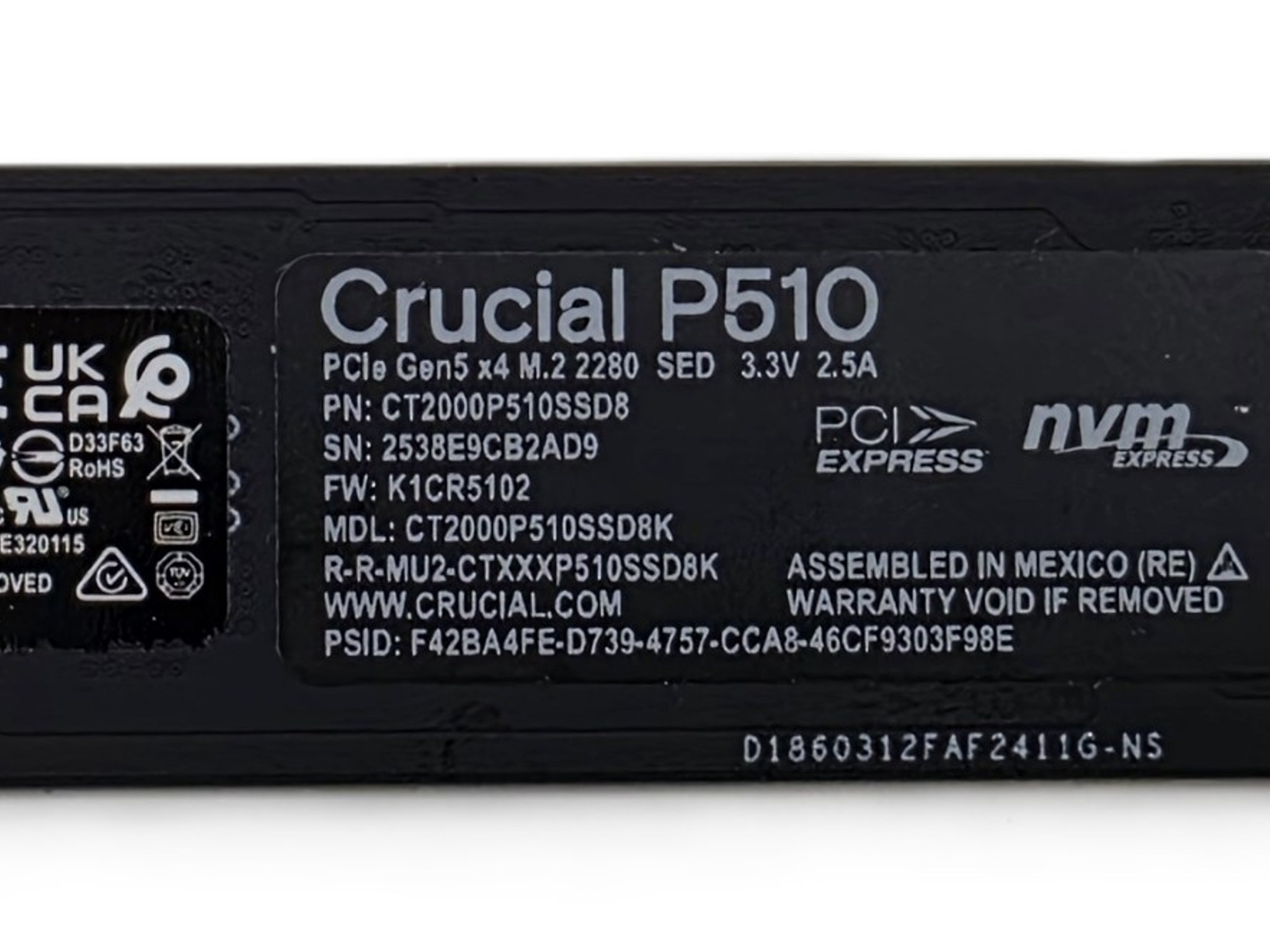 Crucial P510 PCIe Gen5 NVMe 2TB SSD Like New