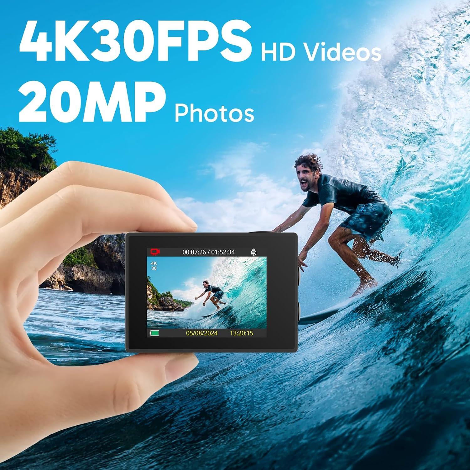 AKASO EK7000 4K Action Camera-131ft Waterproof Camera 4X, Remote Control UHD 20MP w/ Accessories Kit