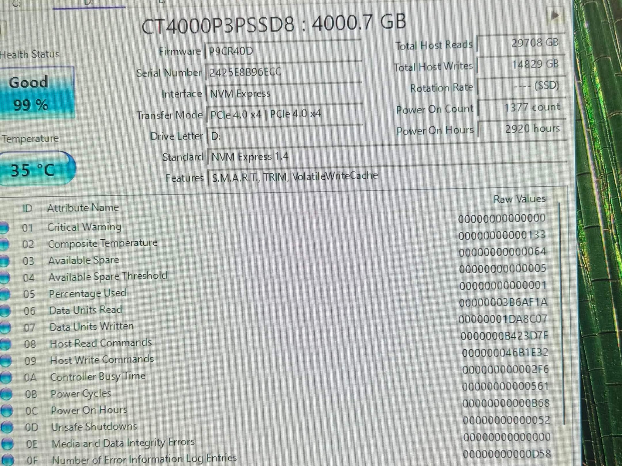 Crucial P3 Plus 4TB M.2 2280 NVMe PCIe Gen4 x4 SSD 100% Health