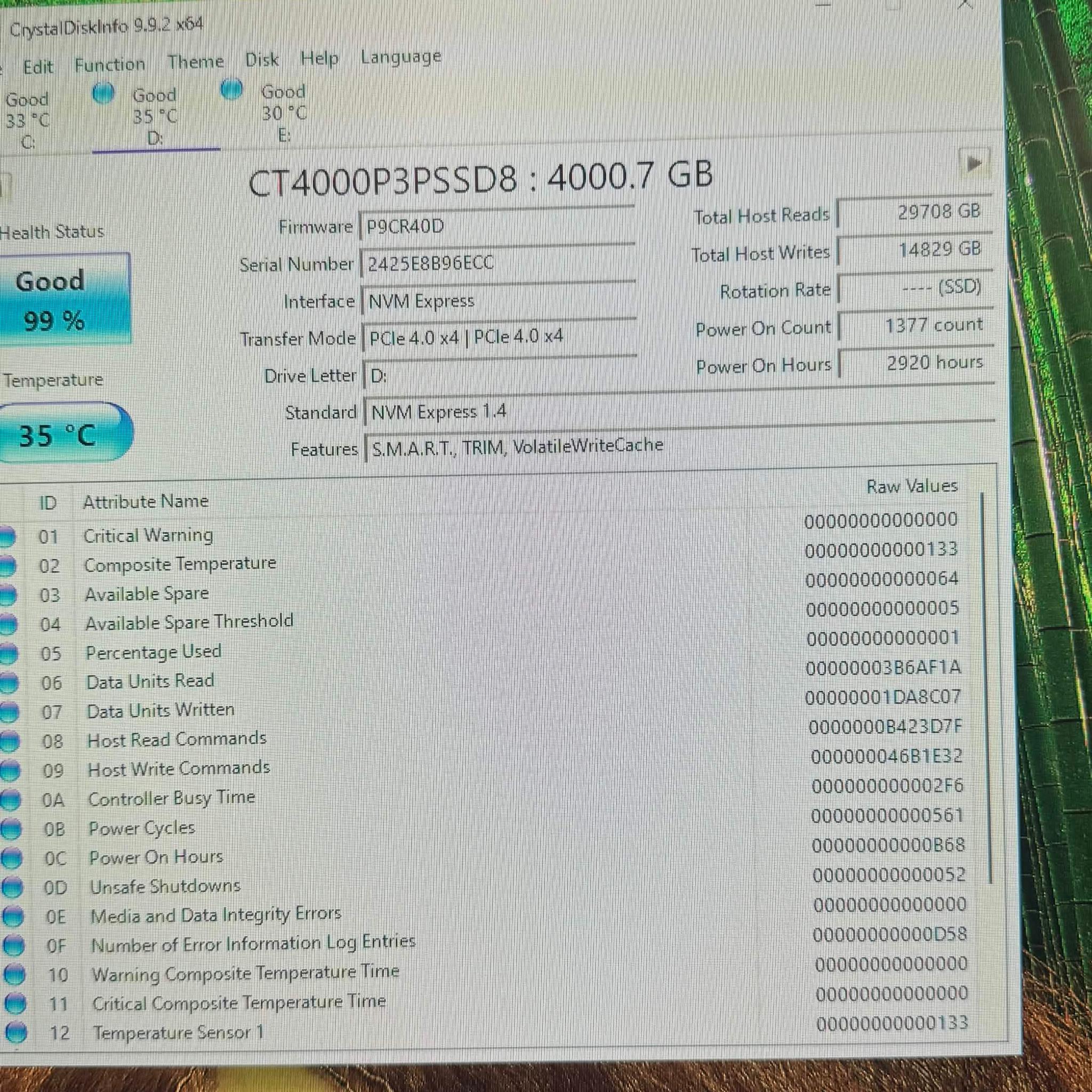 Crucial P3 Plus 4TB M.2 2280 NVMe PCIe Gen4 x4 SSD 100% Health