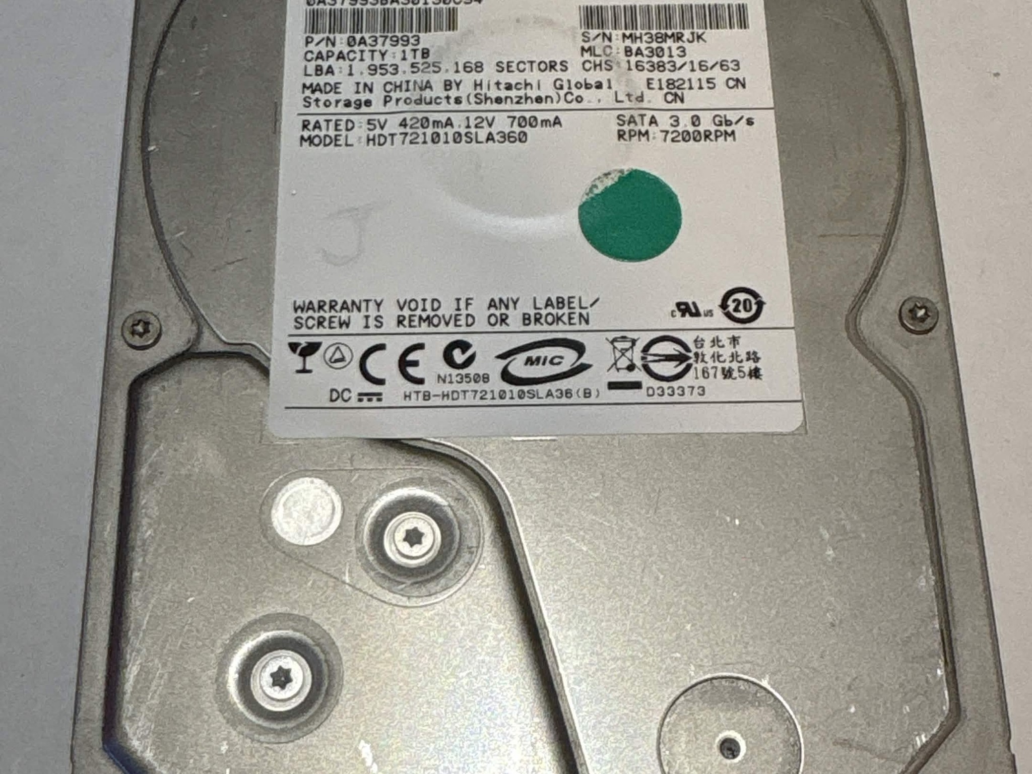 Hitachi 1TB 7200RPM SATA Hard Drive | Tested & Healthy