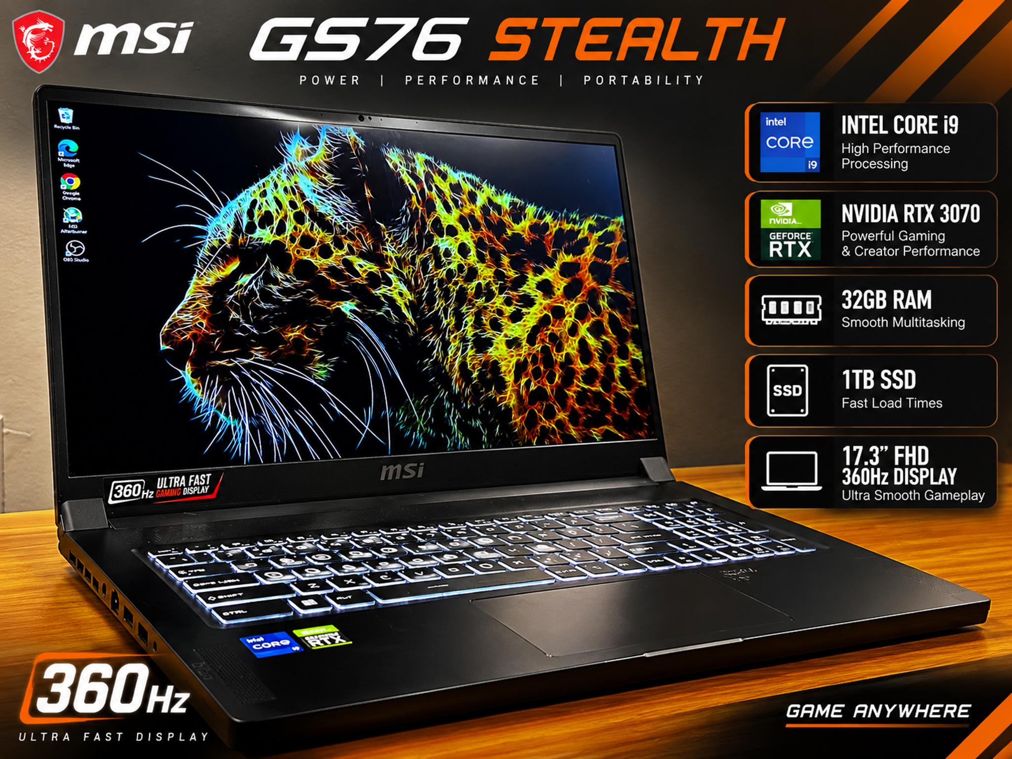 MSI GS76 Stealth Gaming Laptop | i9 | RTX 3070 | 32GB RAM | 360Hz