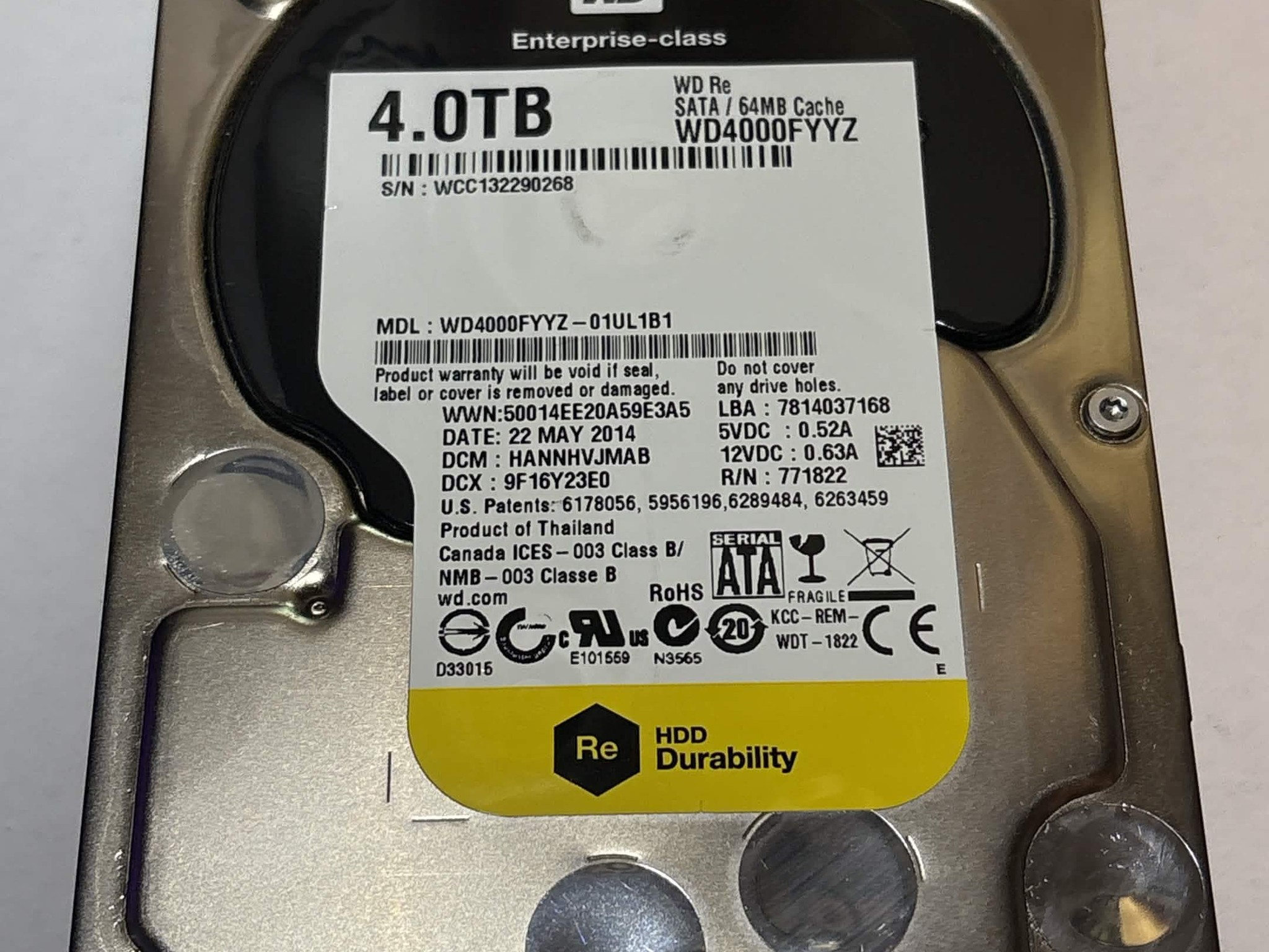 WD RE 4TB WD4000FYYZ 7200RPM SATA Enterprise HDD – 56,646 Hours – SMART Good