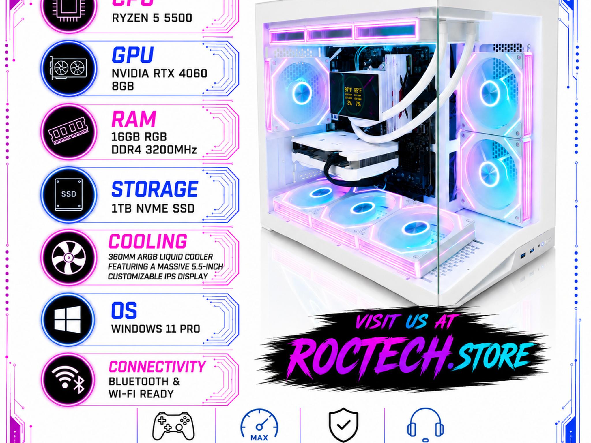 White mATX Gaming PC | RTX 4060 | Ryzen 5 5500 | 1TB Gen4 SSD | 360mm IPS AIO