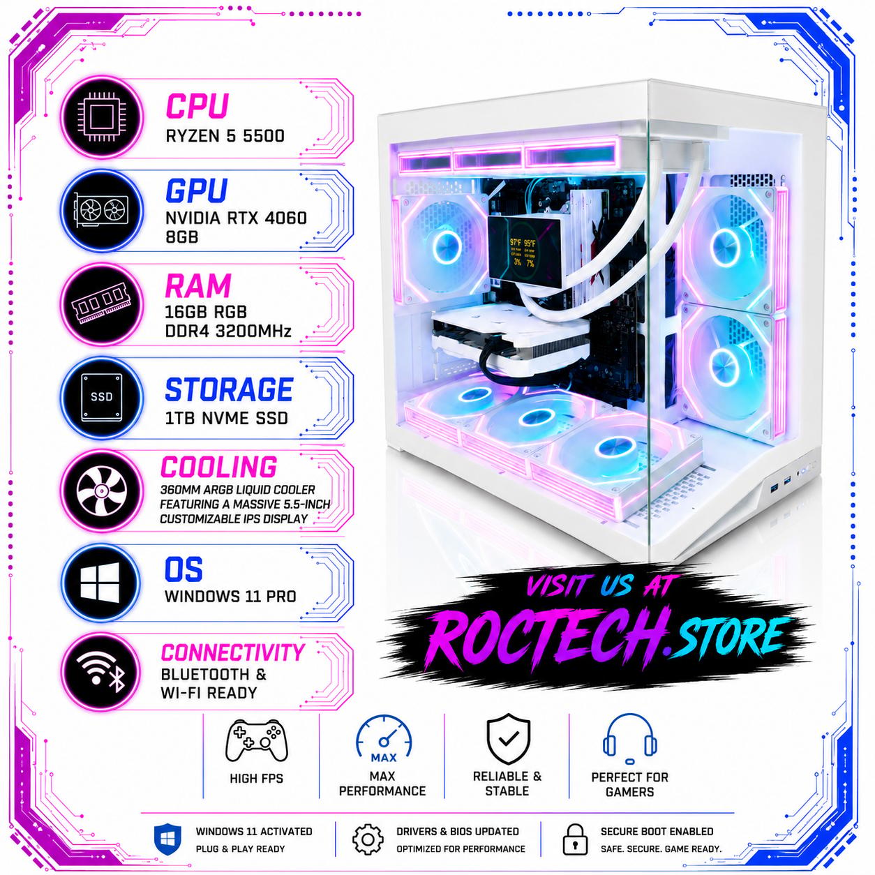 White mATX Gaming PC | RTX 4060 | Ryzen 5 5500 | 1TB Gen4 SSD | 360mm IPS AIO
