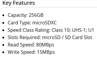 256GB microSDXC Card Class 10 UHS-I C10 U1