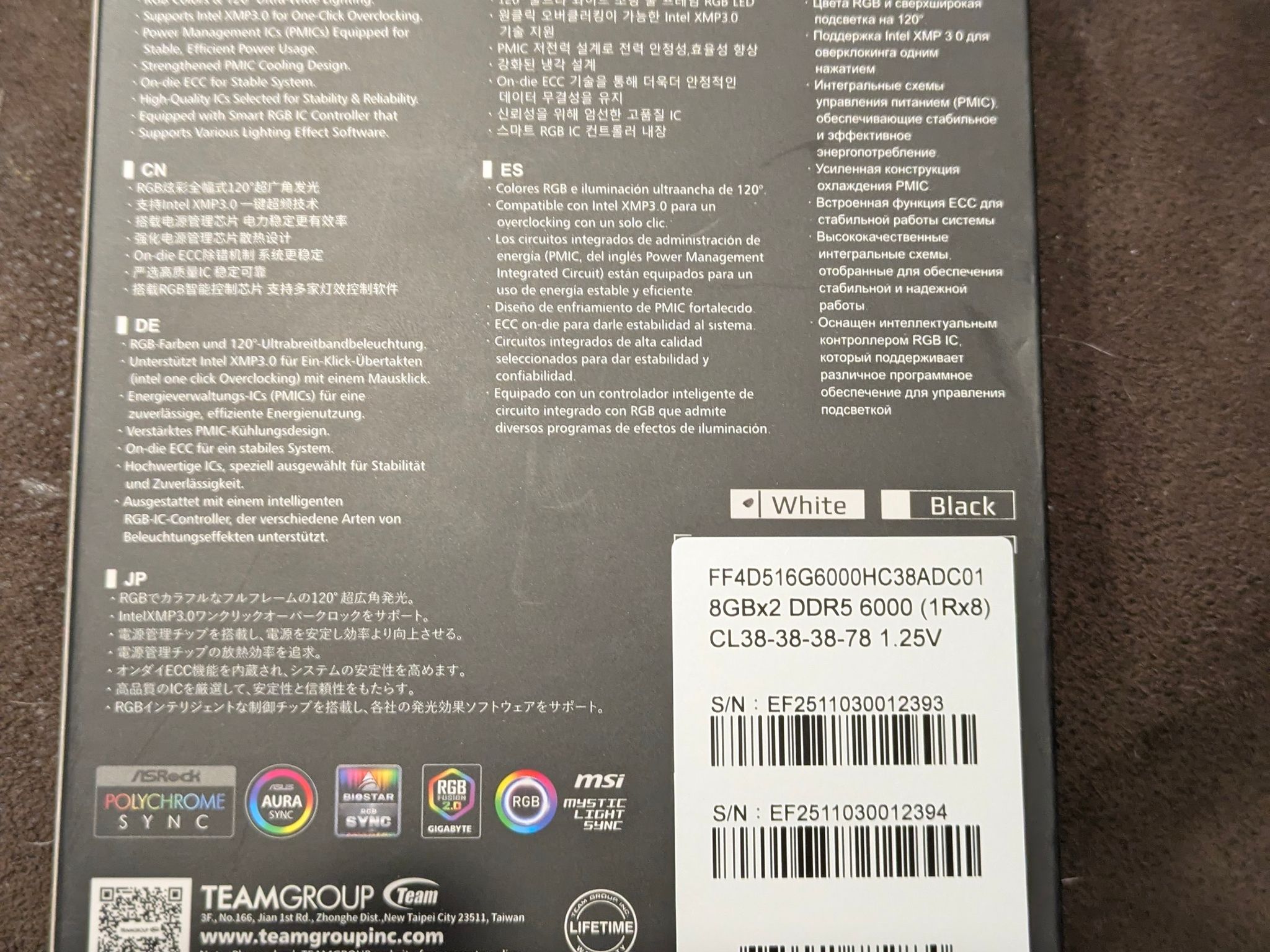 BNIB Teamgroup T-FORCE Delta RGB White 16GB DDR5 kit (2x8) CL38