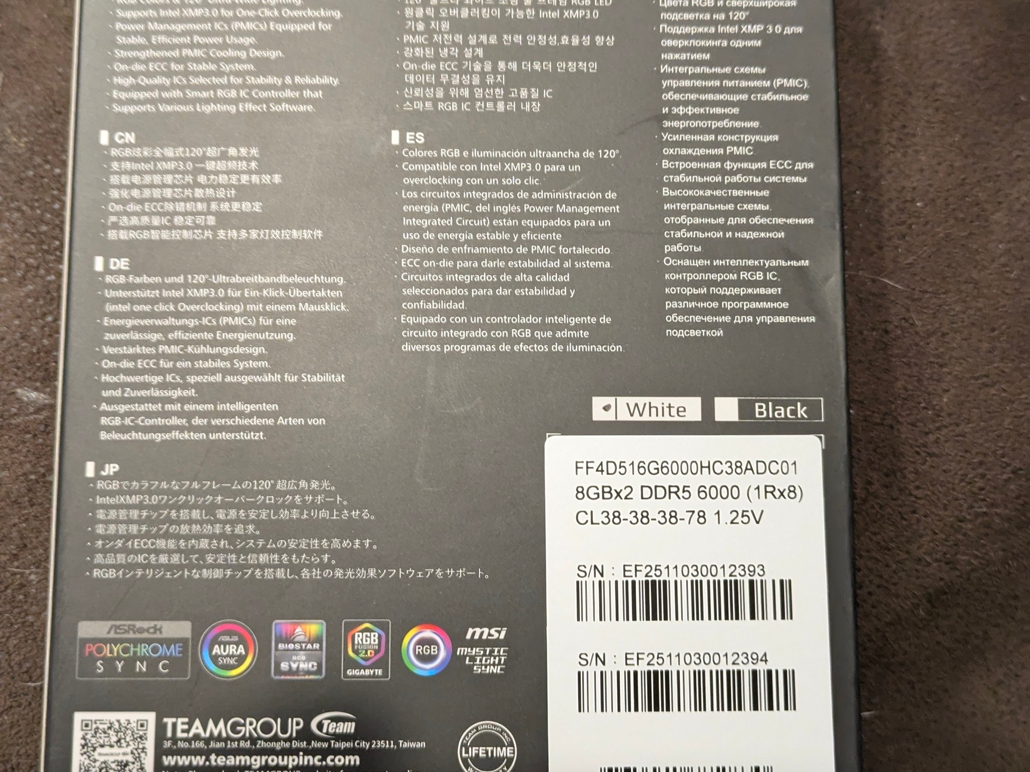 BNIB Teamgroup T-FORCE Delta RGB White 16GB DDR5 kit (2x8) CL38