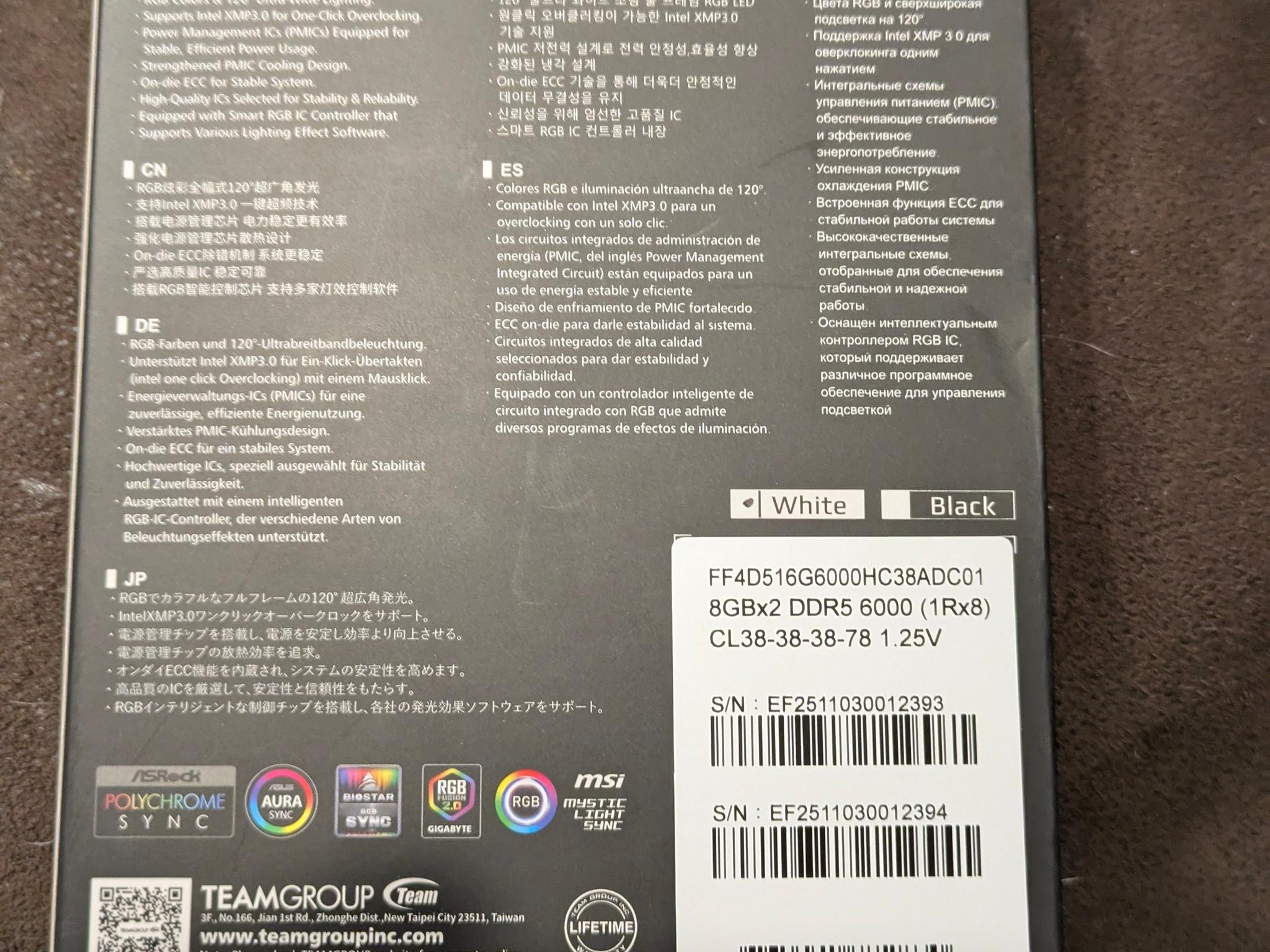 BNIB Teamgroup T-FORCE Delta RGB White 16GB DDR5 kit (2x8) CL38
