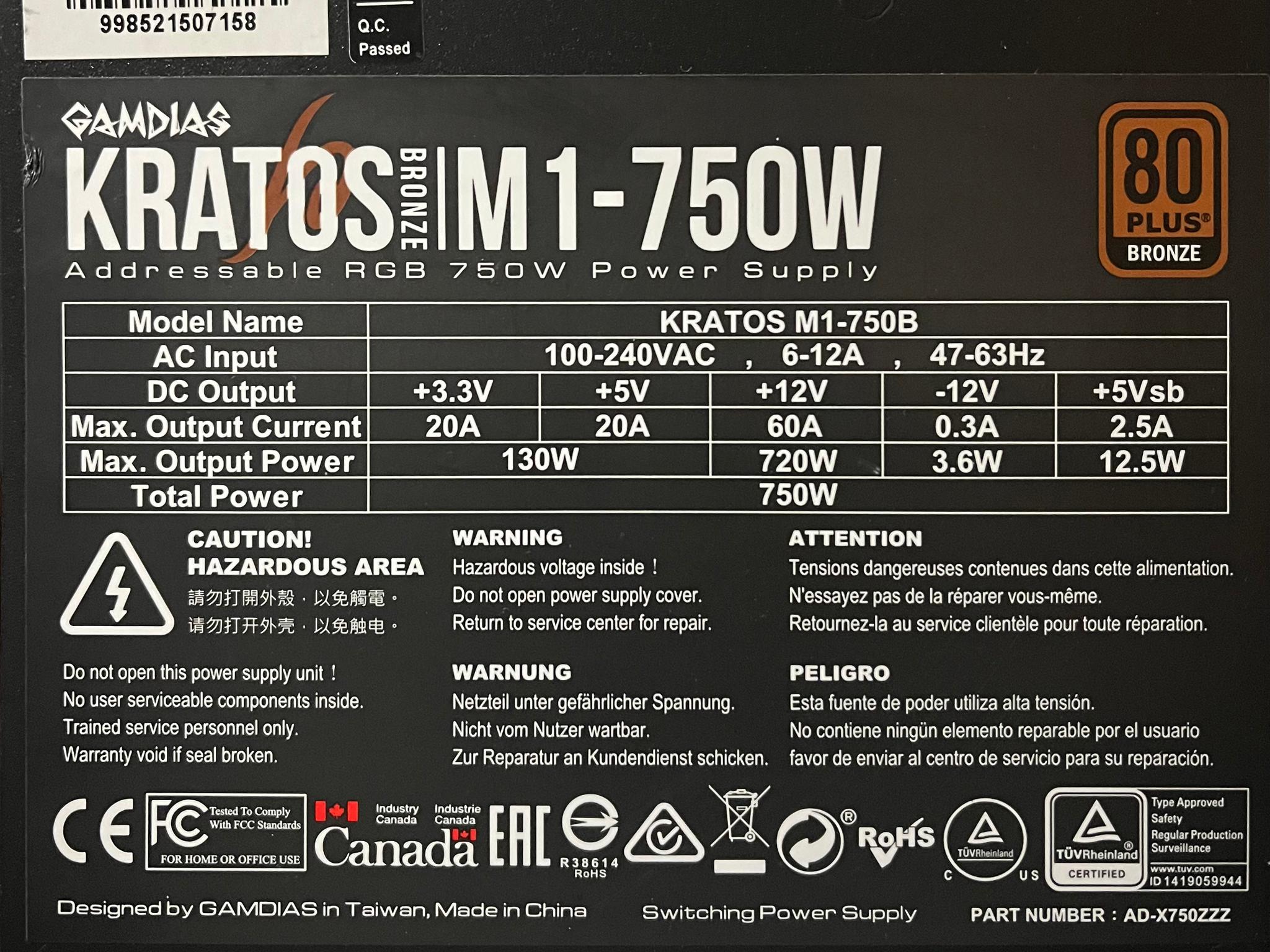 750W 80 PLUS Bronze |  Gamdias KRATOS M1-750B | ARGB Non-Modular PSU