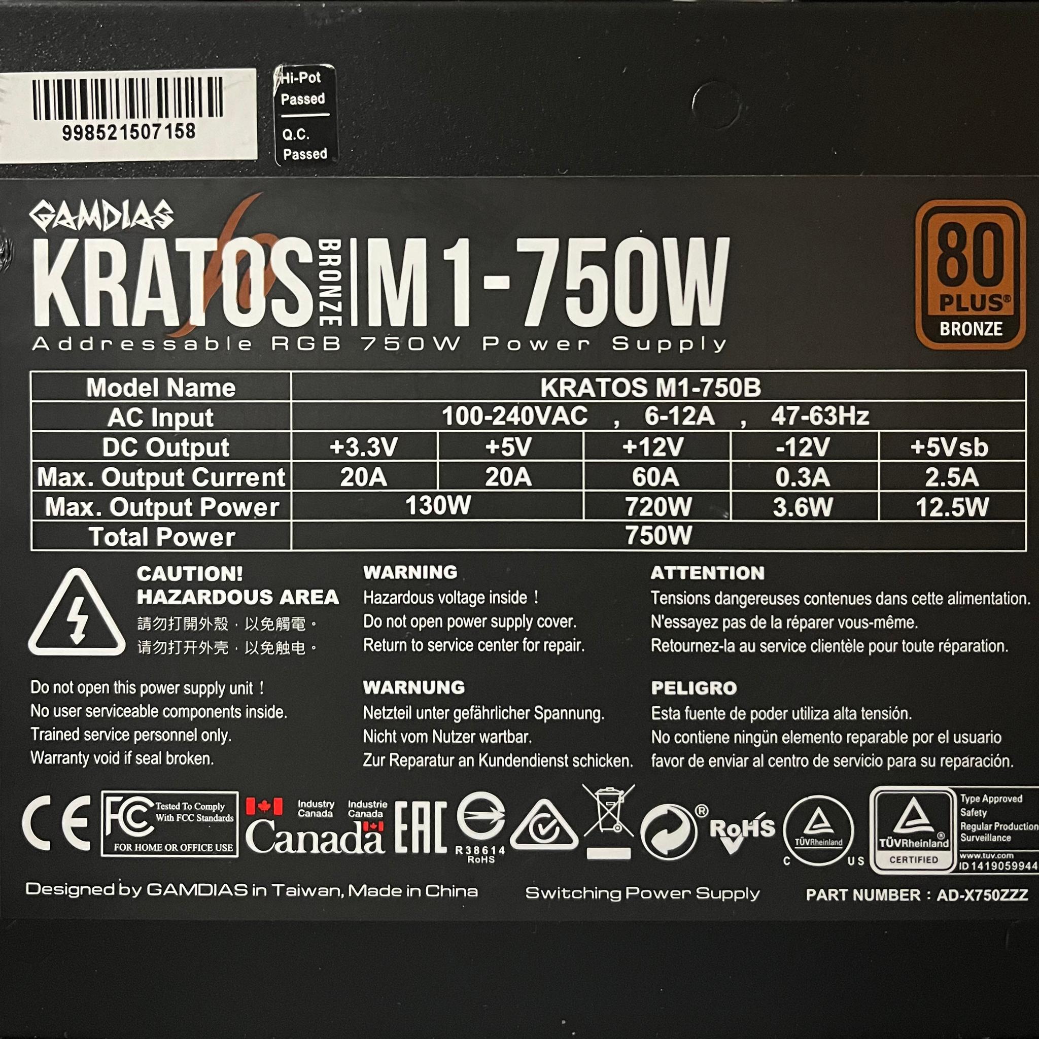 750W 80 PLUS Bronze |  Gamdias KRATOS M1-750B | ARGB Non-Modular PSU