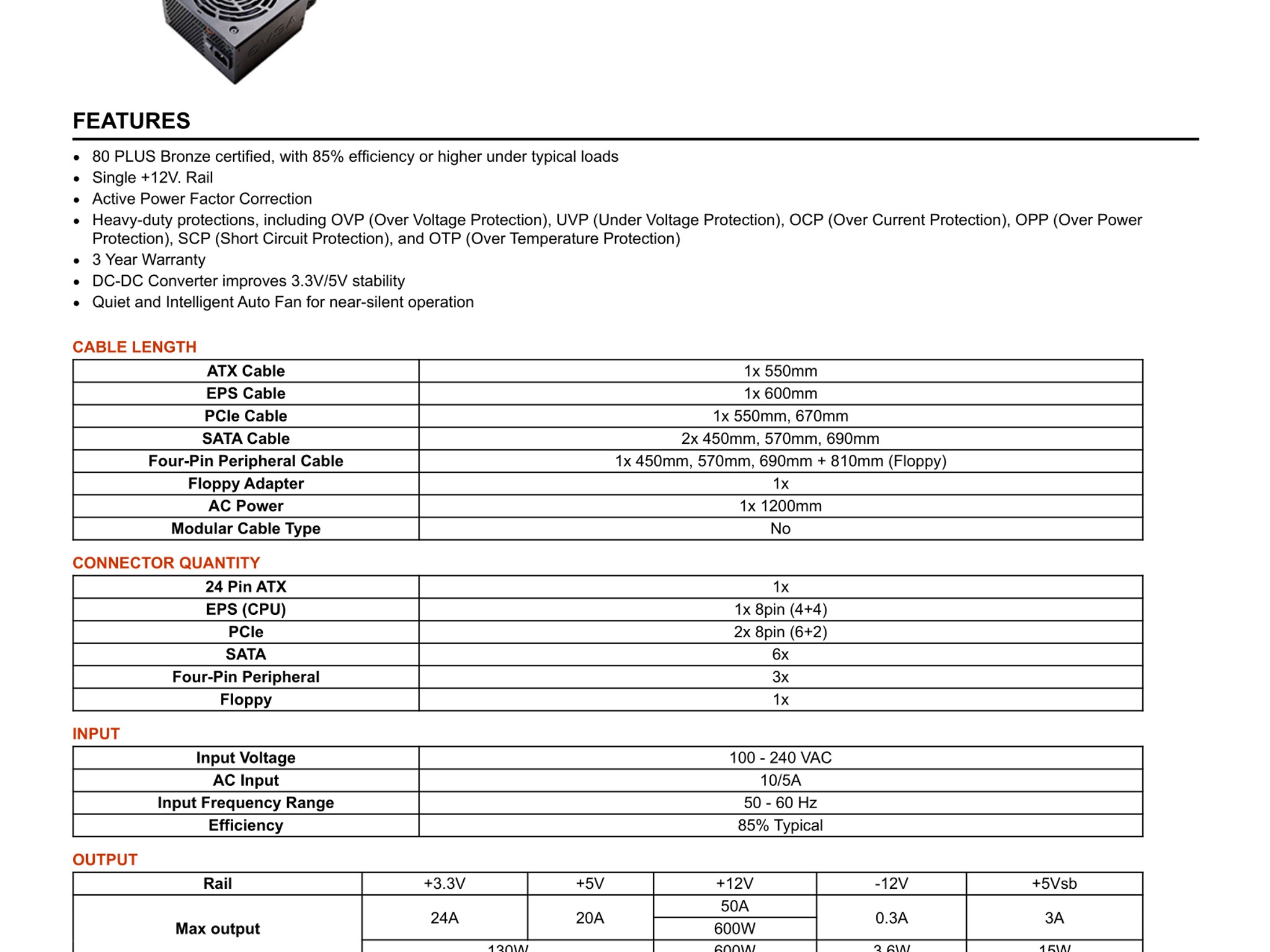 EVGA 600 BR, 80+ BRONZE 600W, Power Supply 100-BR-0600