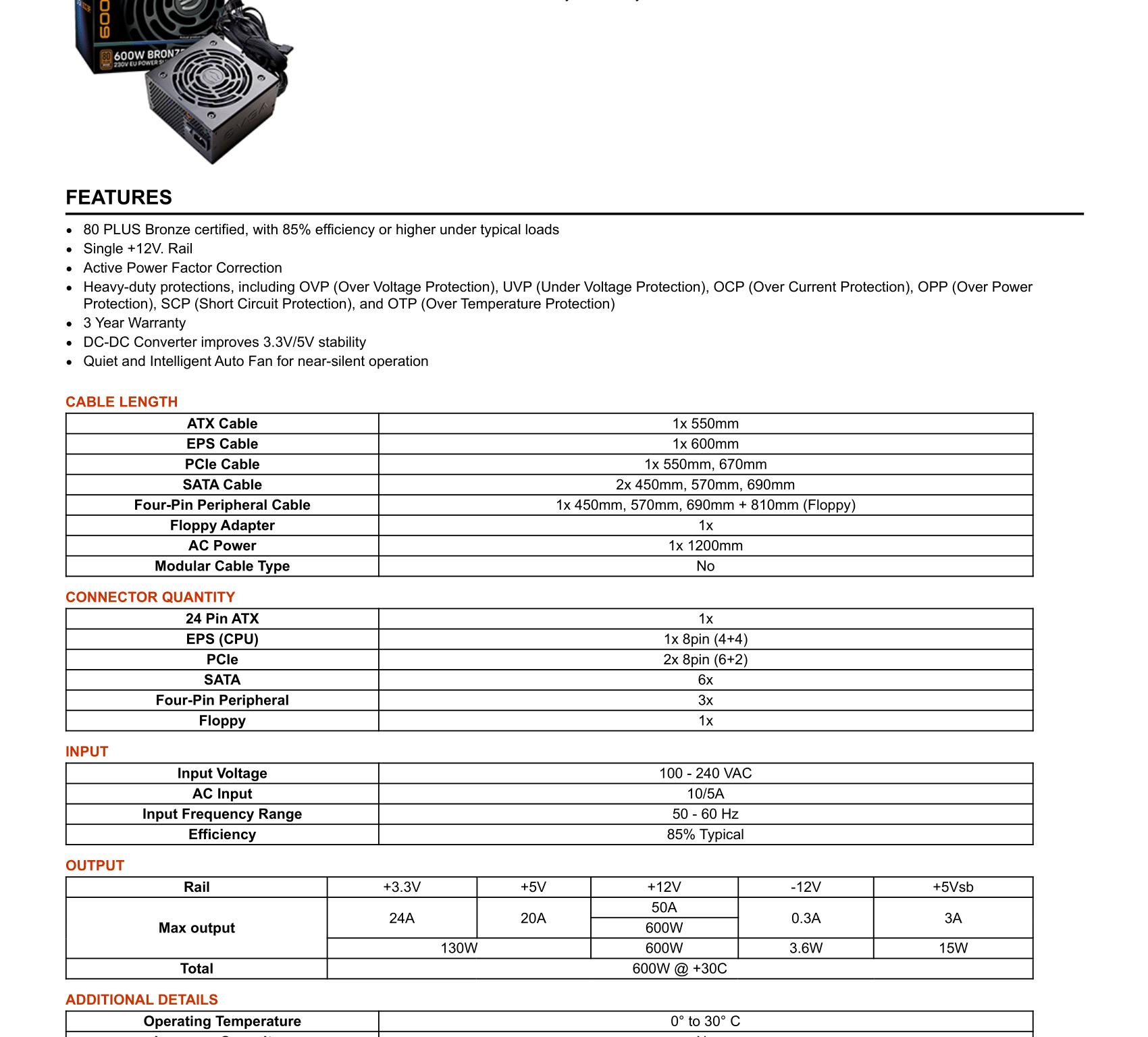 EVGA 600 BR, 80+ BRONZE 600W, Power Supply 100-BR-0600