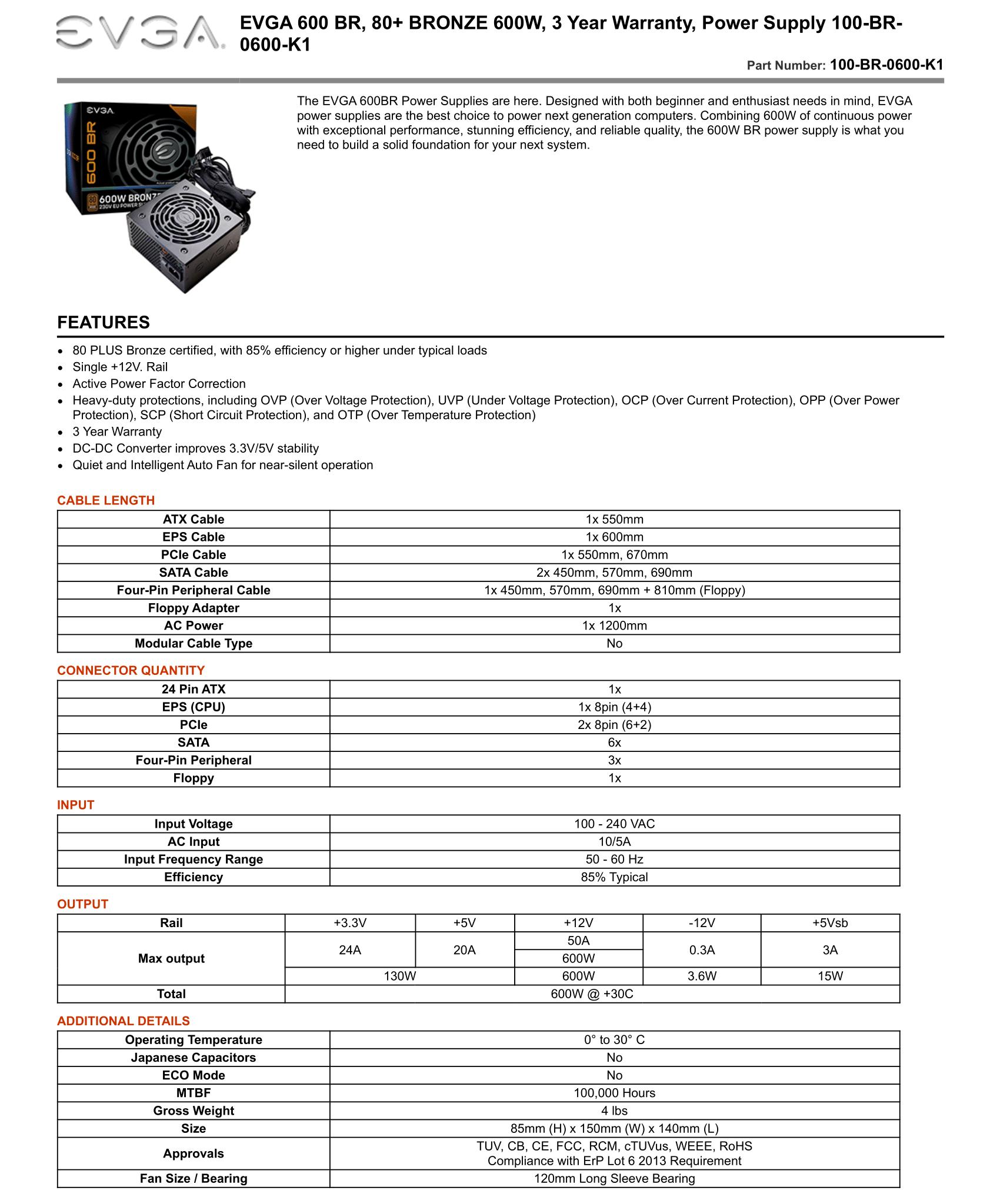 EVGA 600 BR, 80+ BRONZE 600W, Power Supply 100-BR-0600
