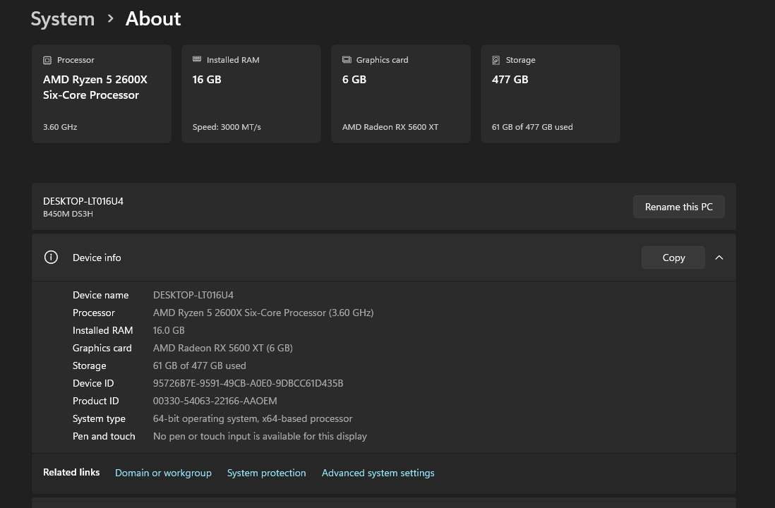 Gaming PC - Ryzen 2600X / RX 5600XT / 16GB RAM / 512GB / Wi-Fi