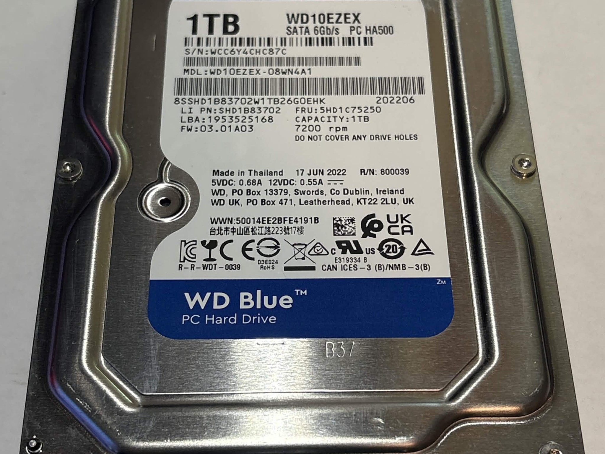 WD Blue 1TB 7200RPM SATA Hard Drive | Only 63 Power-On Hours
