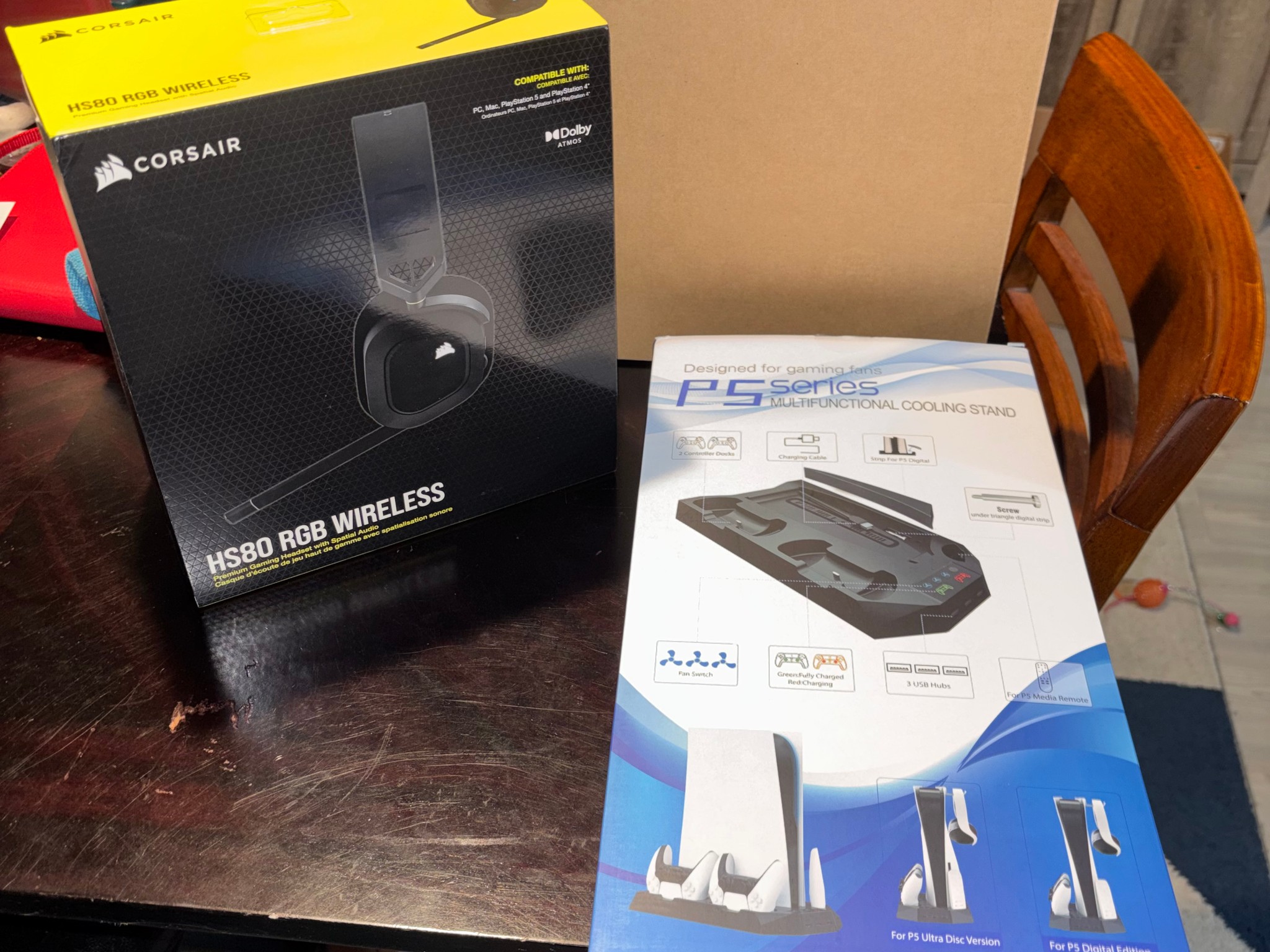 PlayStation 5 Bundle w/Dark Plates + Controller, HS80 rgb Wireless Headset, Cooling+Charging Stand