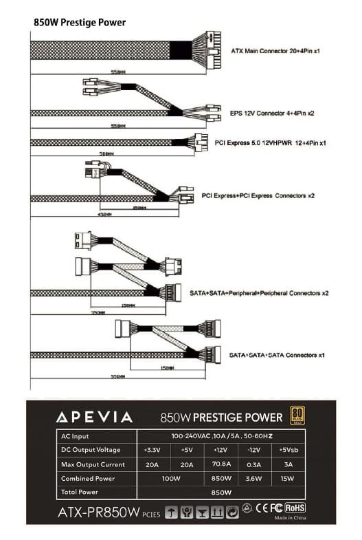 Apevia 850W, 80+G, 600W 12VHPWR, Apevia Prestige Power ATX 3.0/PCIE5.0, ATX power supply