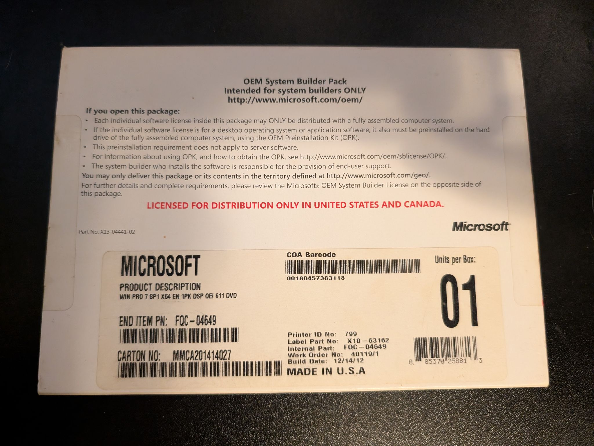 Microsoft Windows 7 Professional 64 Bit SP1 OEM DVD w/Product Key