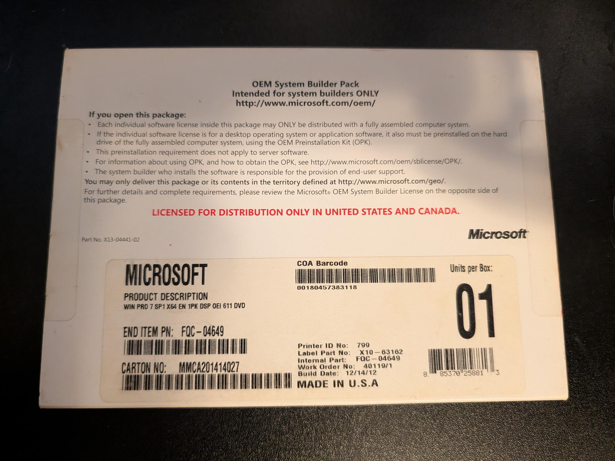 Microsoft Windows 7 Professional 64 Bit SP1 OEM DVD w/Product Key