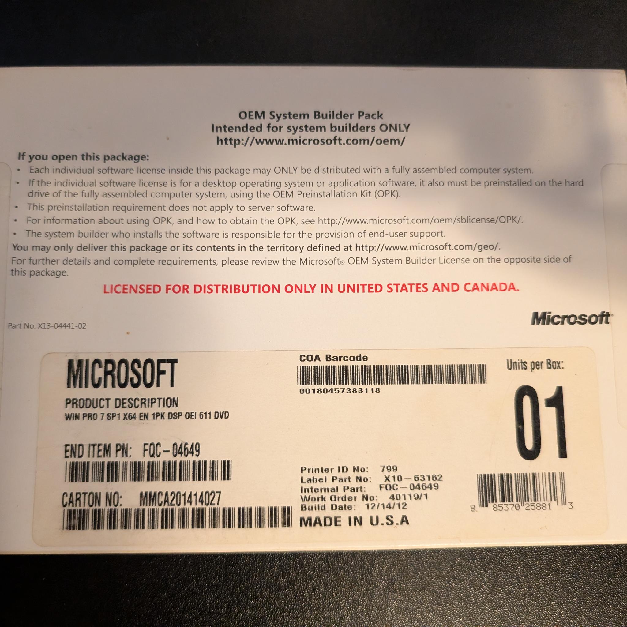 Microsoft Windows 7 Professional 64 Bit SP1 OEM DVD w/Product Key