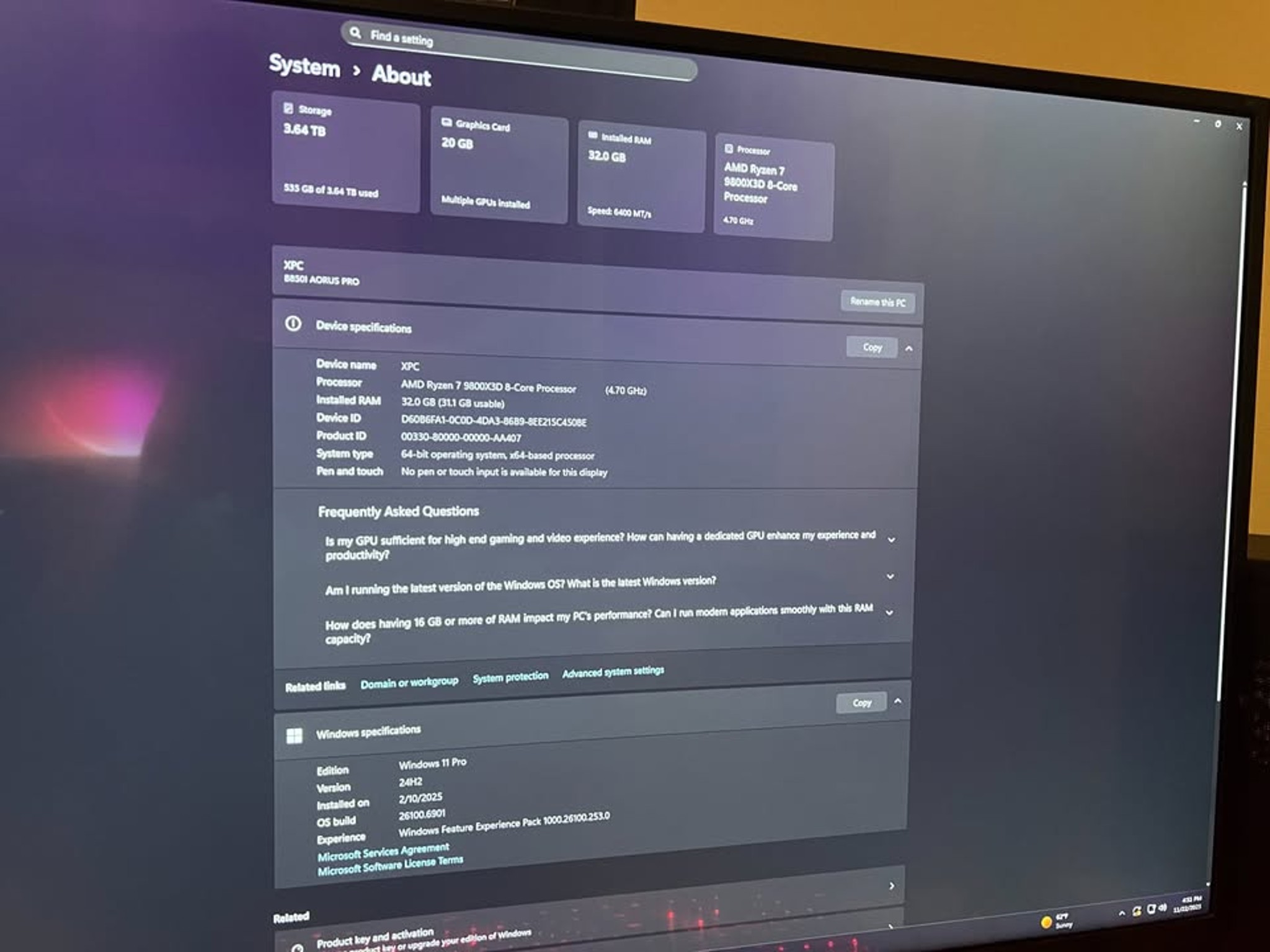 Gaming PC 9800X3D / 7900XT GPU / 4TB M.2 / 32GB DDR5
