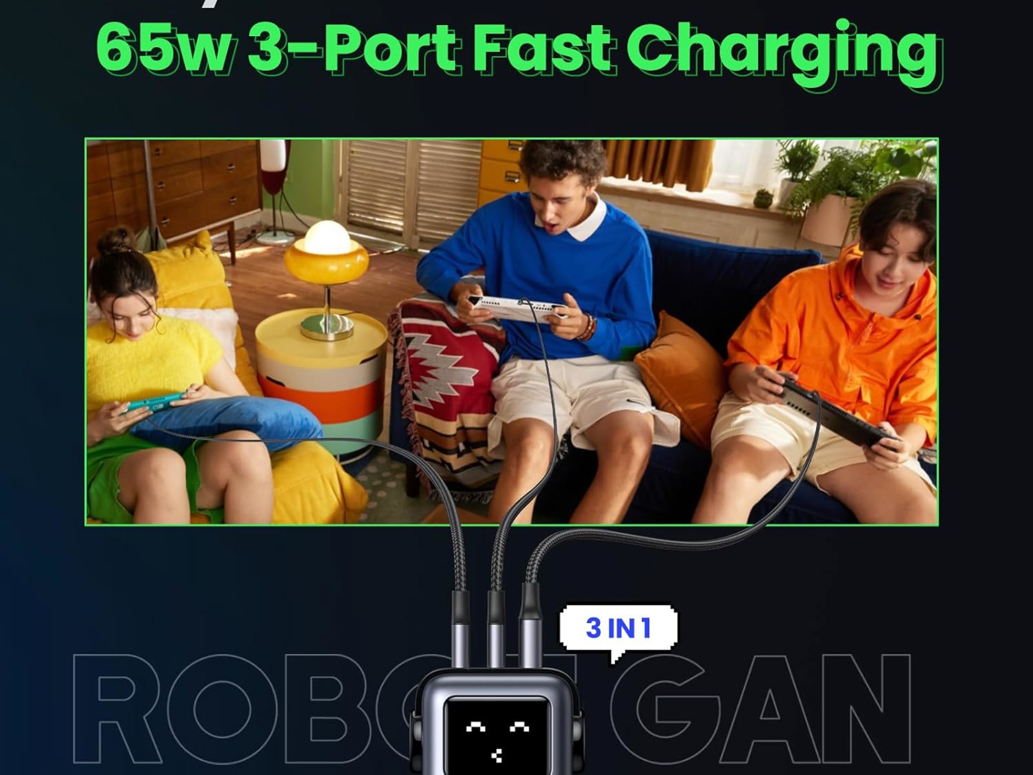 UGREEN RG 65W USB C Charger, Nexode 3-Port Robot GaN Fast Charger Block, Compact Wall Charger