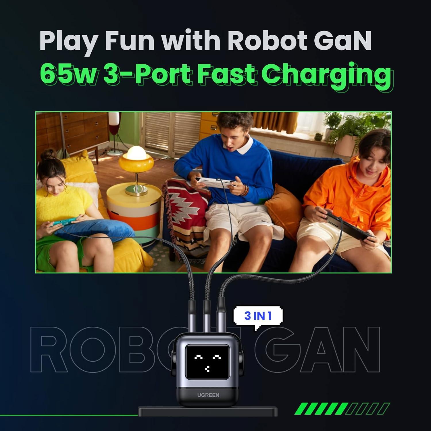 UGREEN RG 65W USB C Charger, Nexode 3-Port Robot GaN Fast Charger Block, Compact Wall Charger