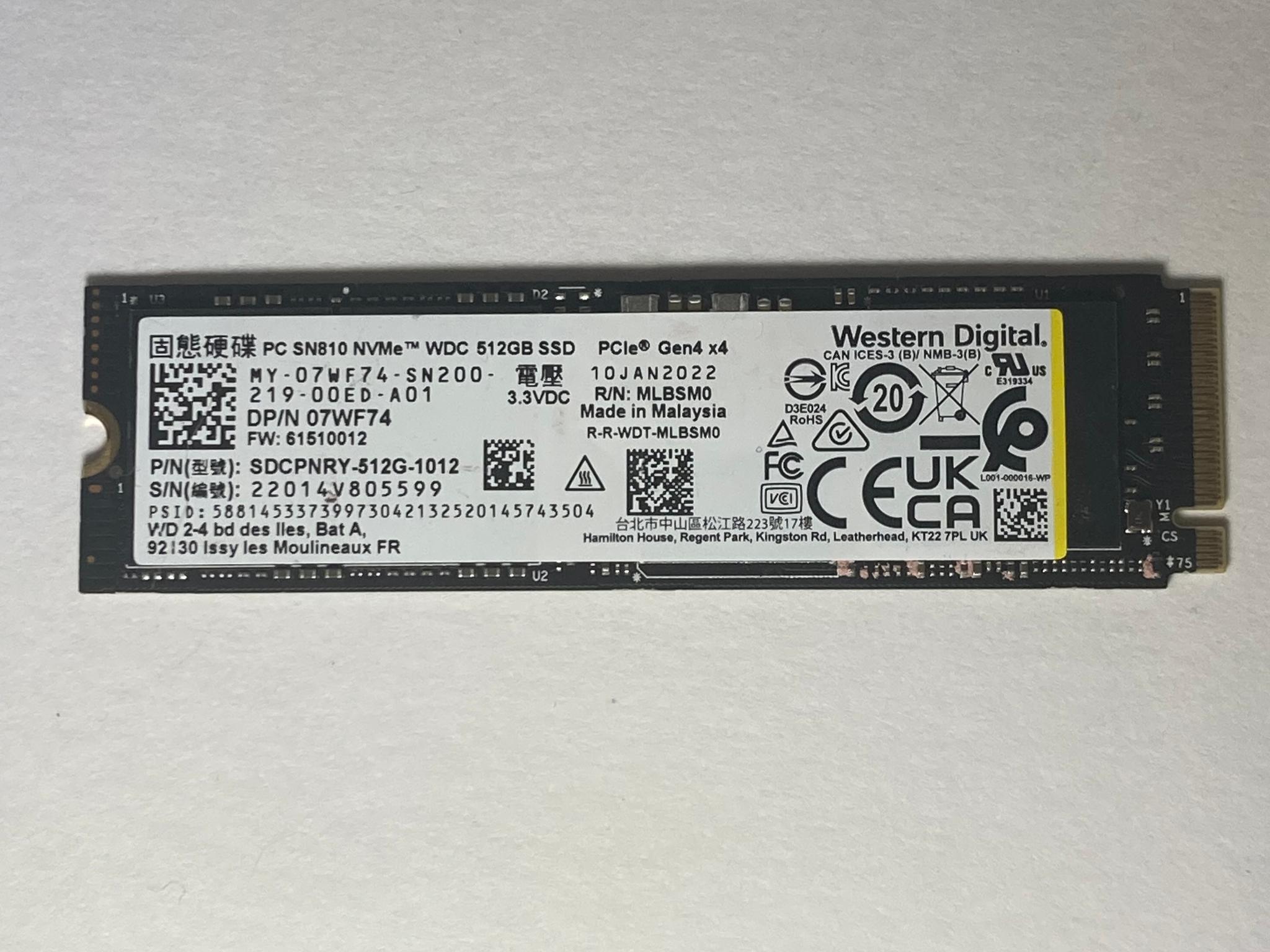 WD Gen 4 SN810 512GB | 512MB DRAM | M.2 2280 Solid State Drive SSD | NVME | 512MB DRAM | 97% Health