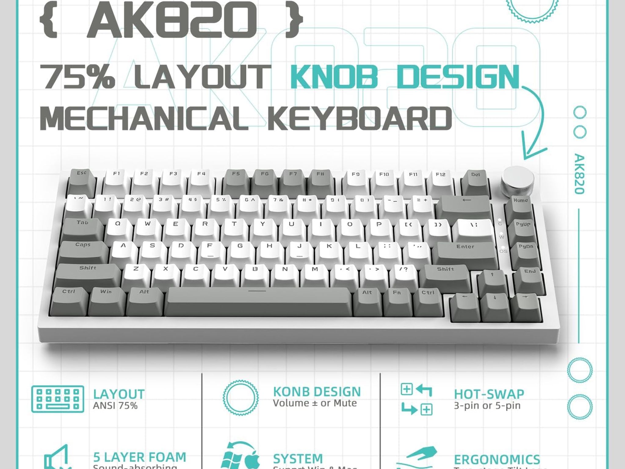 AK820 75% Mechanical Wired Gaming Keyboard with Knob Hot Swappable