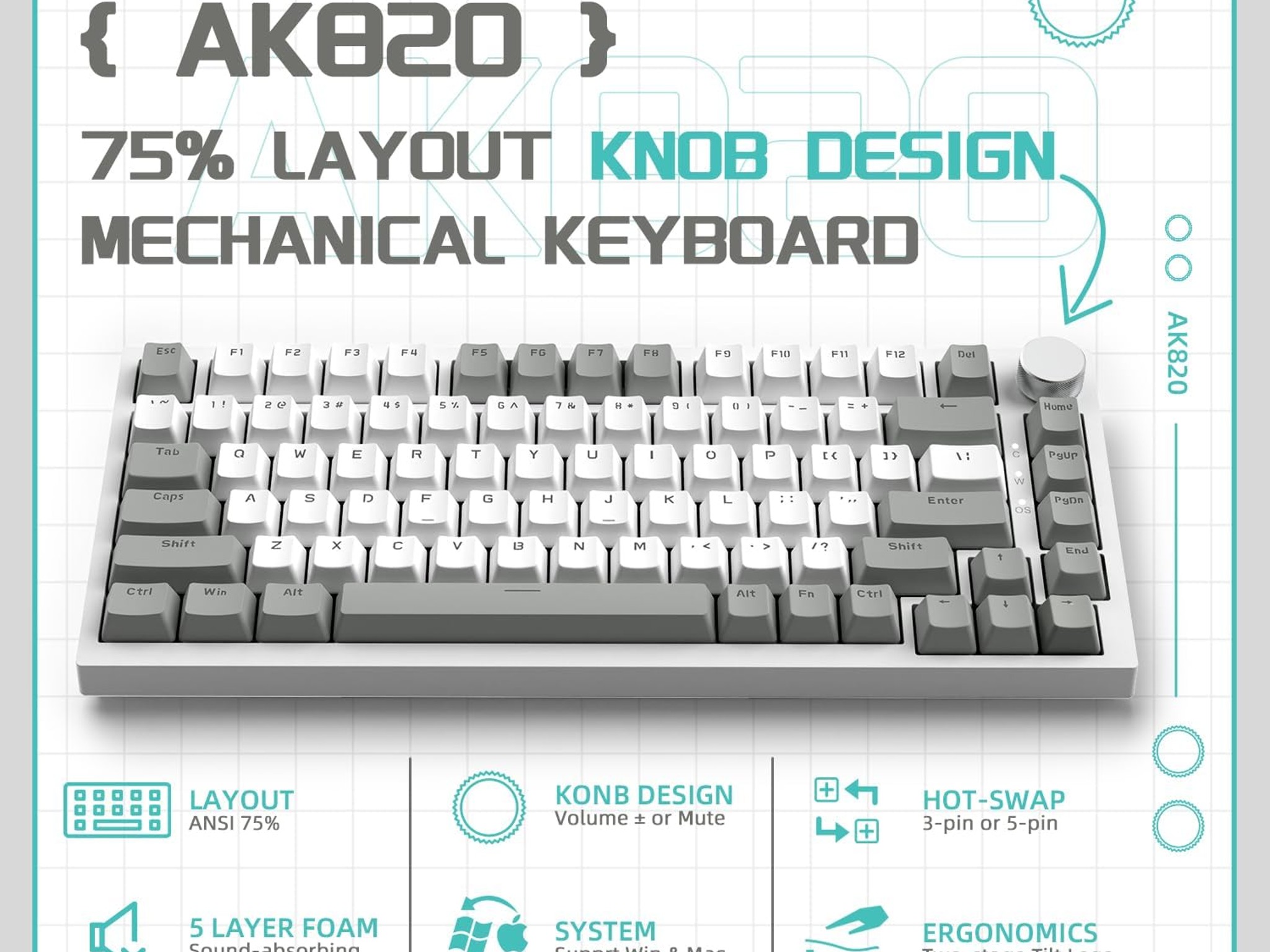 AK820 75% Mechanical Wired Gaming Keyboard with Knob Hot Swappable Attack Shark ajazz