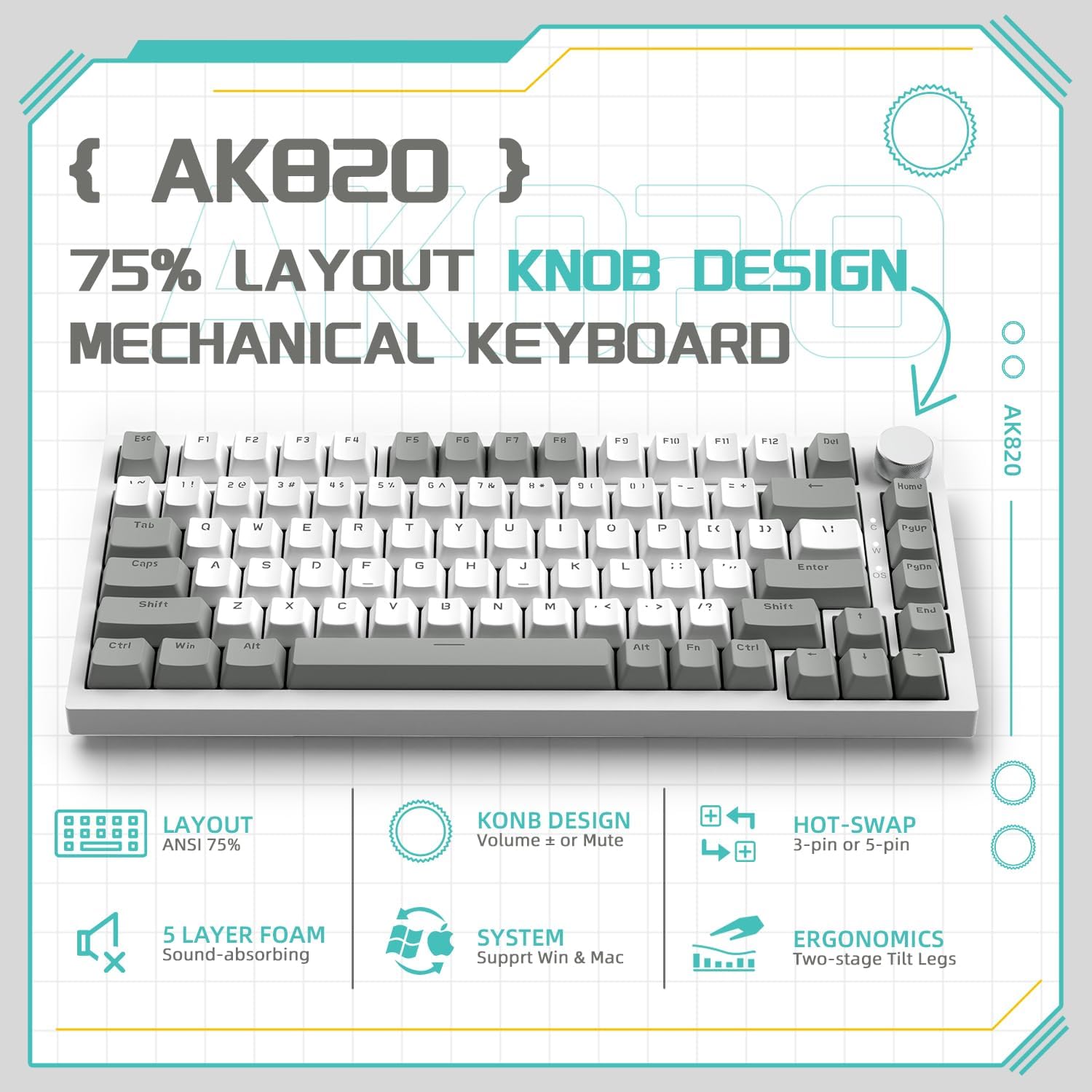 AK820 75% Mechanical Wired Gaming Keyboard with Knob Hot Swappable Attack Shark ajazz