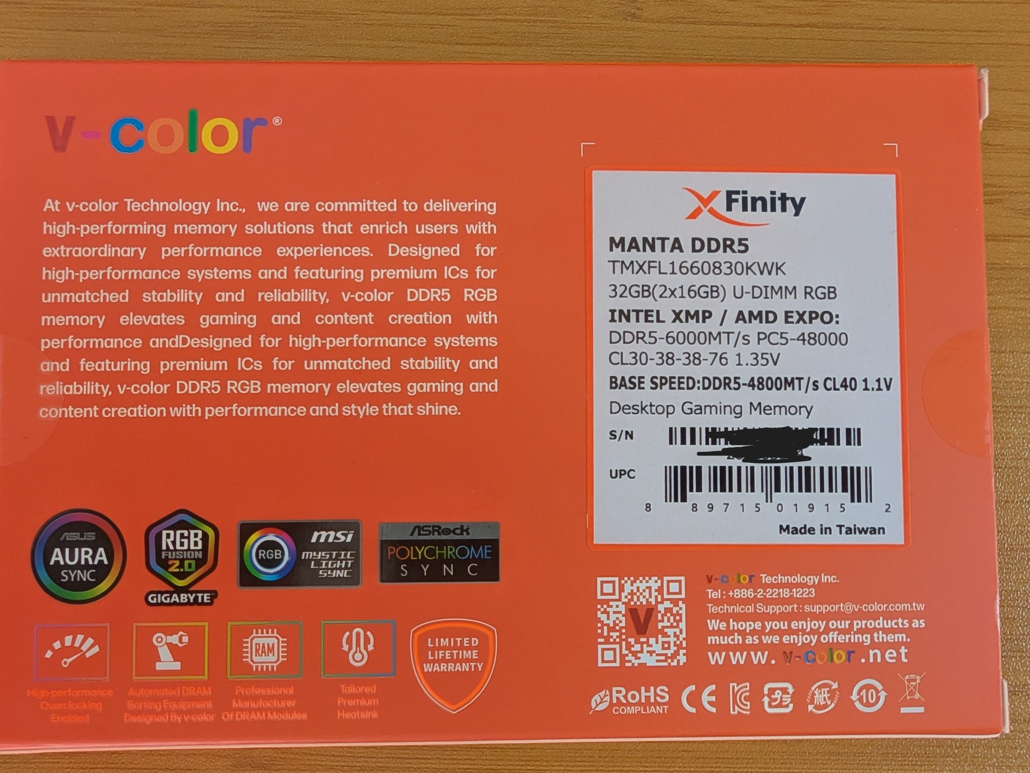 V-Color Manta XFinity RGB 32GB (2x16GB) DDR5-6000 CL30 EXPO/XMP - Brand New Sealed
