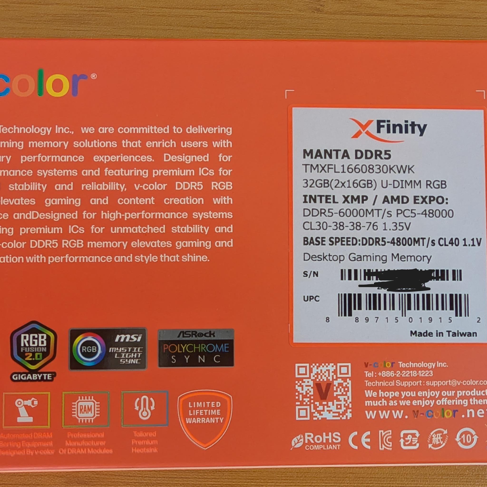 V-Color Manta XFinity RGB 32GB (2x16GB) DDR5-6000 CL30 EXPO/XMP - Brand New Sealed
