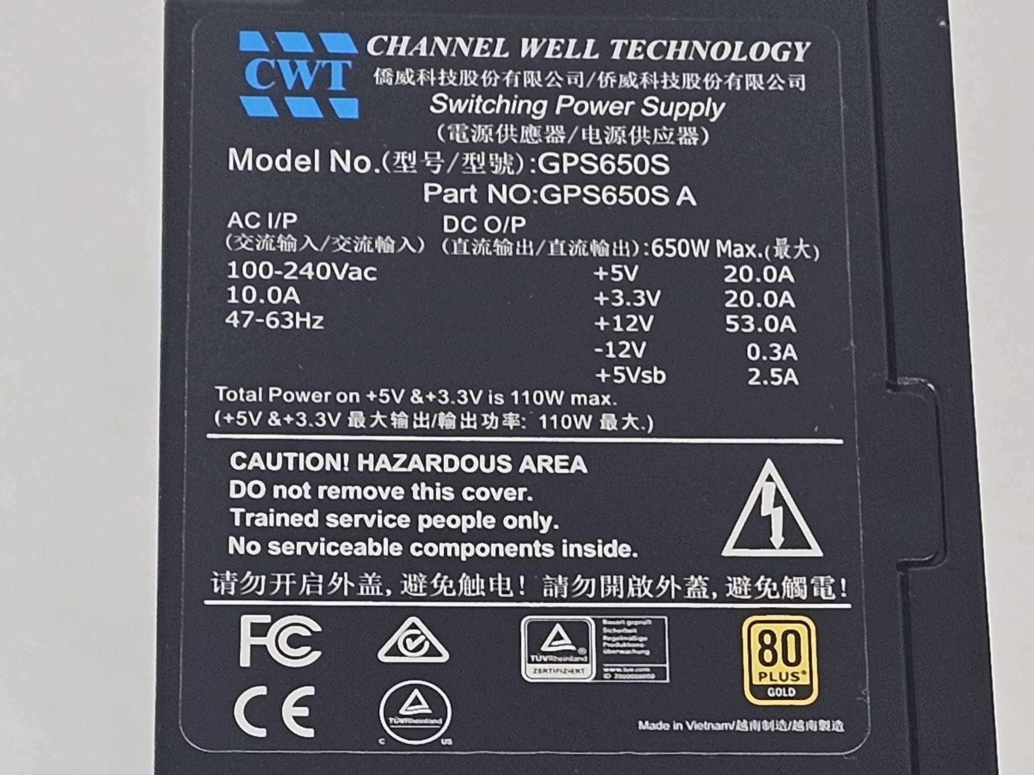 650 Watt PSU CWT GPS650S Power Supply
