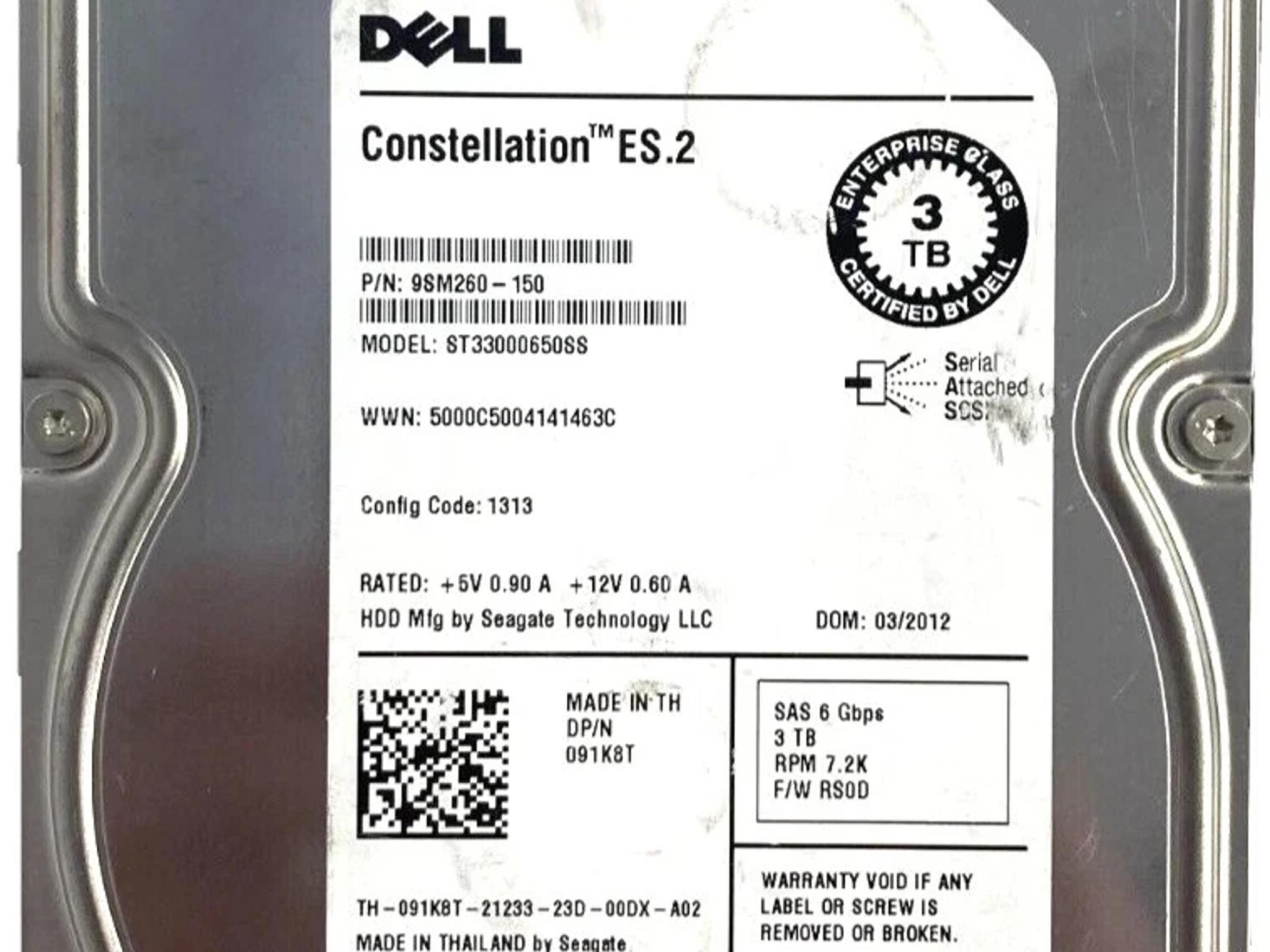 Dell ST33000650SS HDD 3TB SAS 6Gb/s 3.5" 091K8T 512 b/s