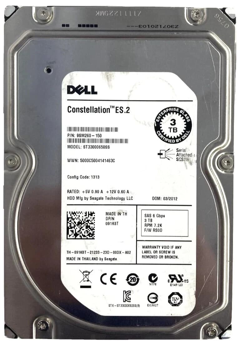Dell ST33000650SS HDD 3TB SAS 6Gb/s 3.5" 091K8T 512 b/s