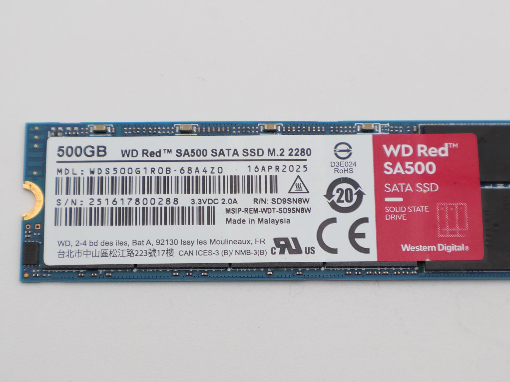 WD Red SA500 500GB M.2 2280 SATA NAS SSD - 560MB/s - Warranty Until August 2030 - Like New