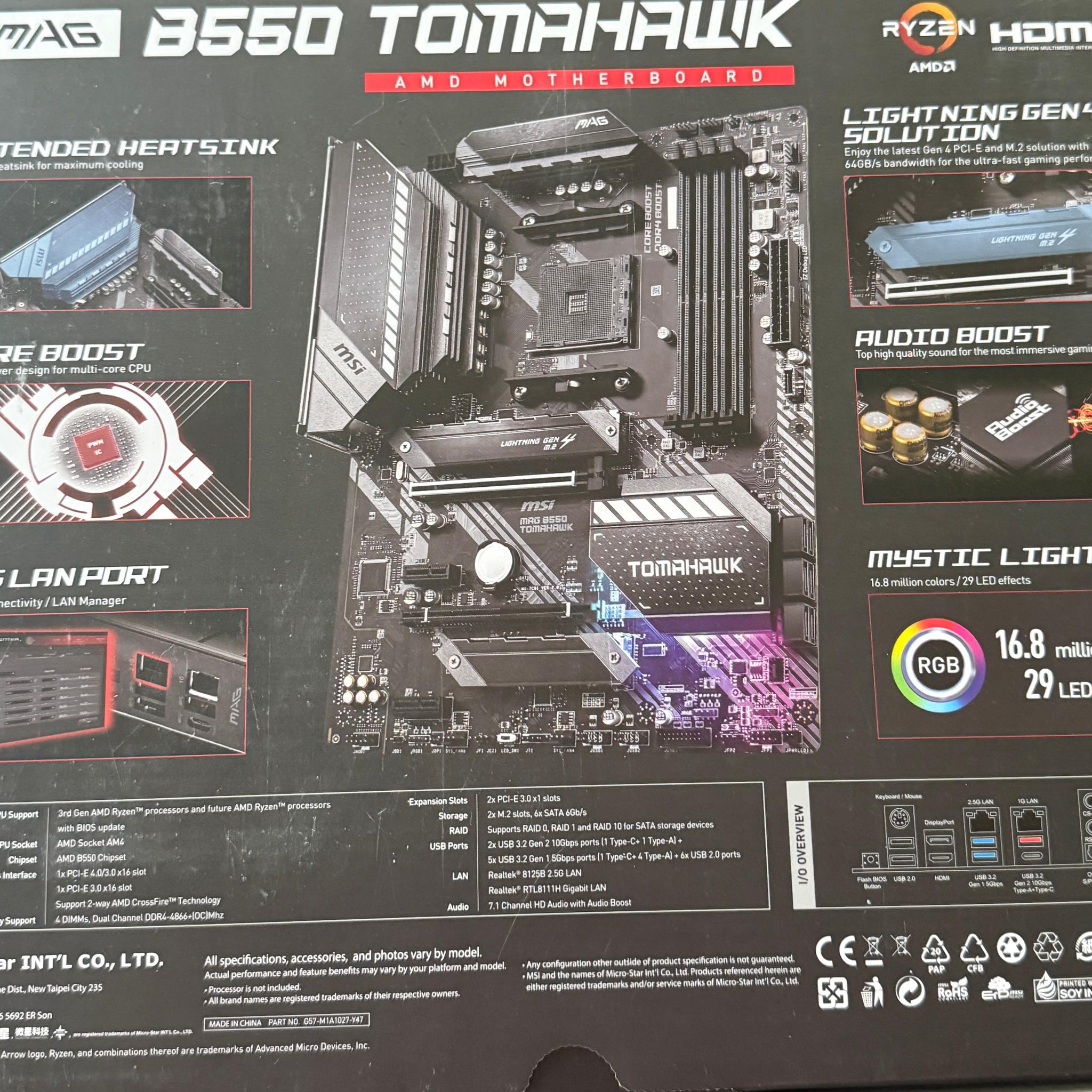 MSI MAG B550 Tomahawk Motherboard. Used. Pulled from working system. Runs Great.