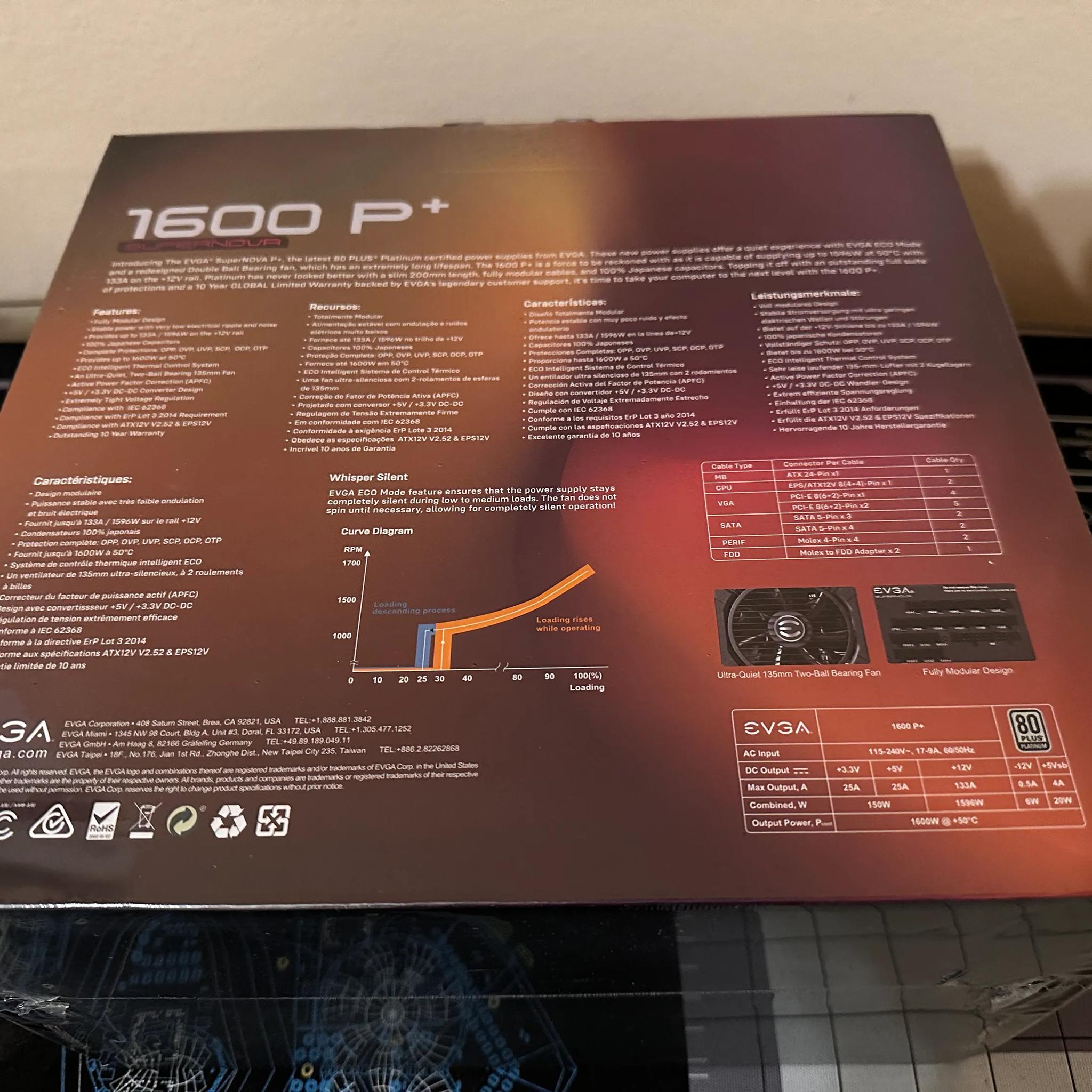 BNIB EVGA SuperNOVA 1600 P+, 80+ PLATINUM 1600W 220-PP-1600-X1