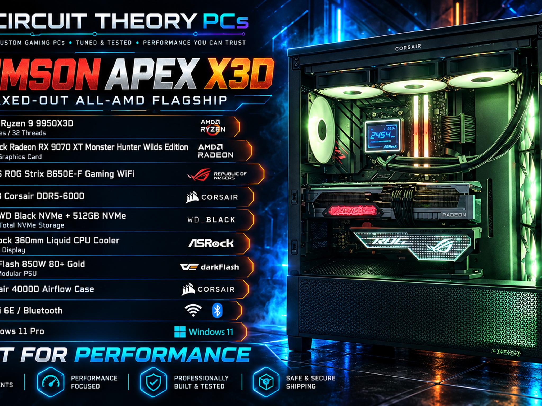Ryzen 9 9950X3D RX 9070 XT 32GB DDR5 1.5TB NVMe Gaming PC Win 11 Pro